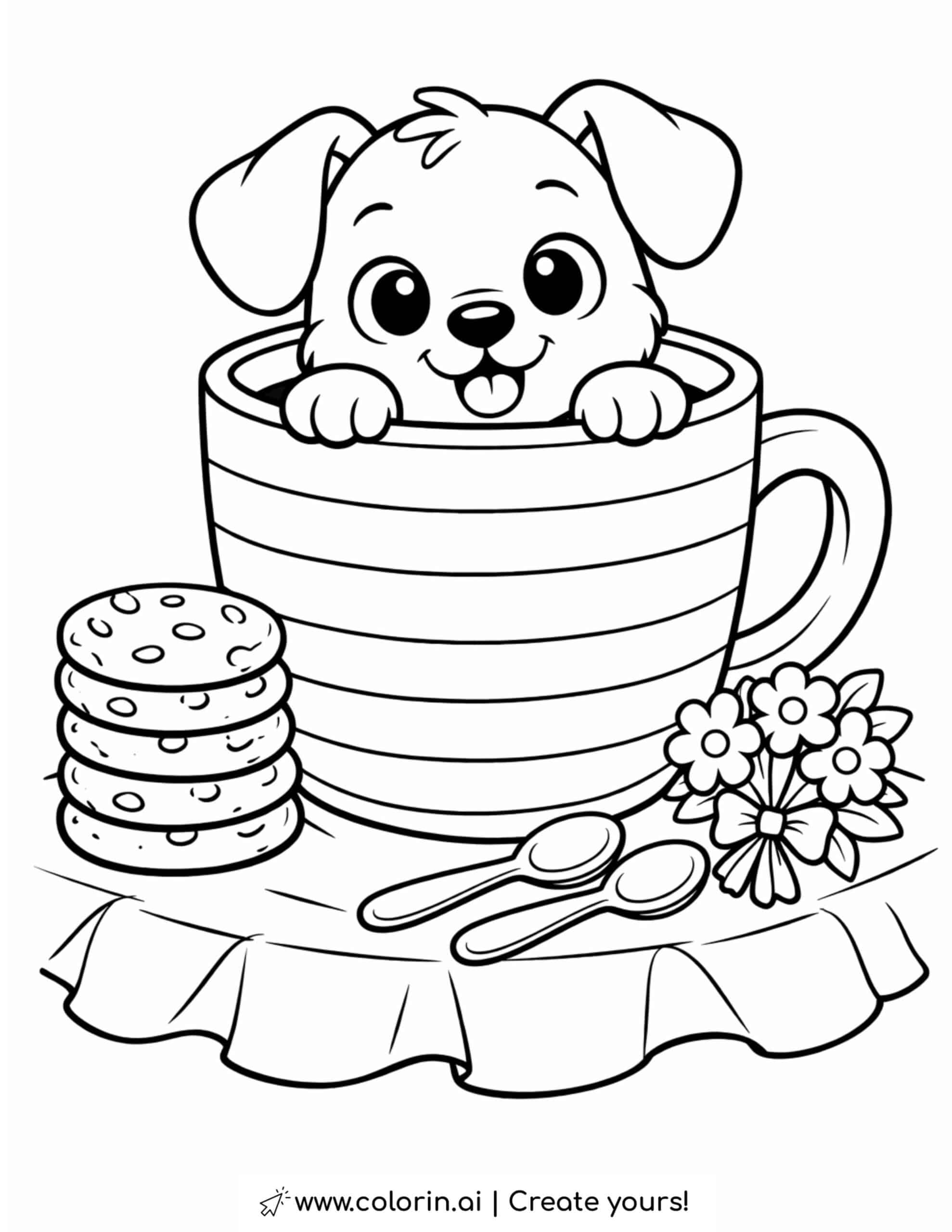 puppy peeking out of a teacup coloring page with cookies, spoons, and small flowers on a table