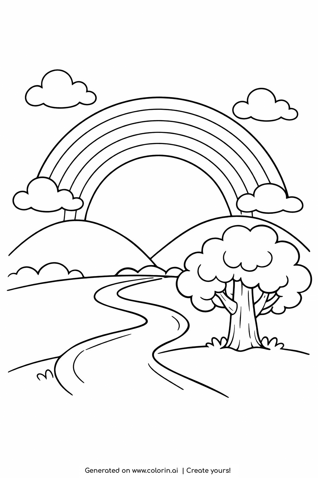 rainbow coloring pages, a bold rainbow arching over gentle rolling hills with a couple of puffy clouds