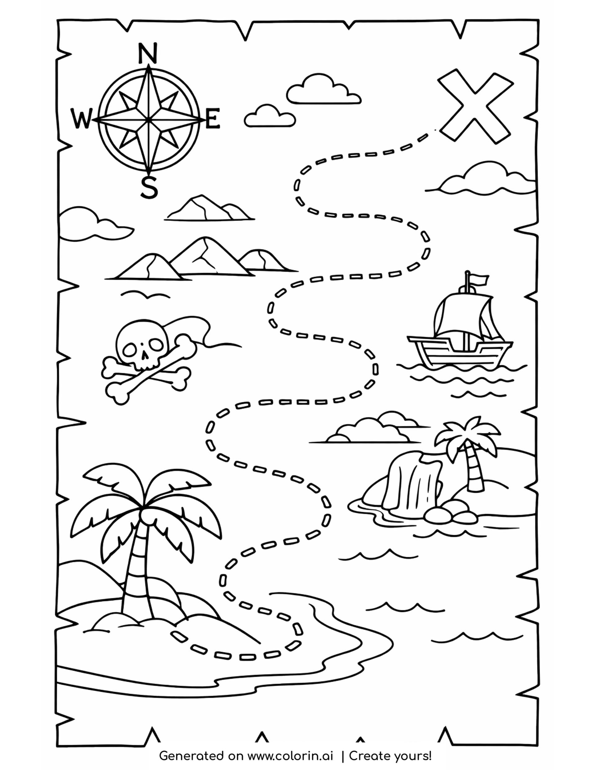 treasure map coloring pages - an old parchment map with a dashed trail winding up to a big X, a compass rose, mountains, palm islands and a sailing ship