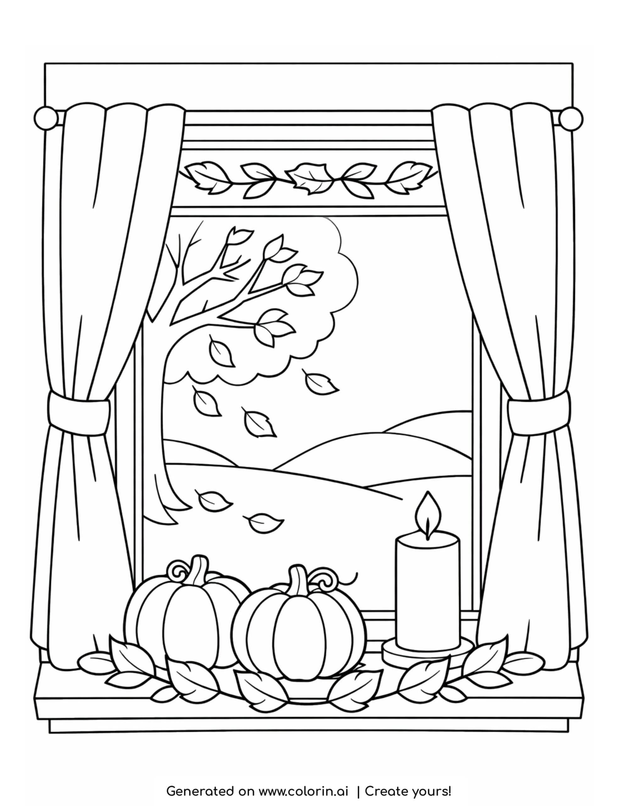 thanksgiving coloring pictures, a cozy window with tied curtains, two pumpkins, a lit candle, and a fall tree outside