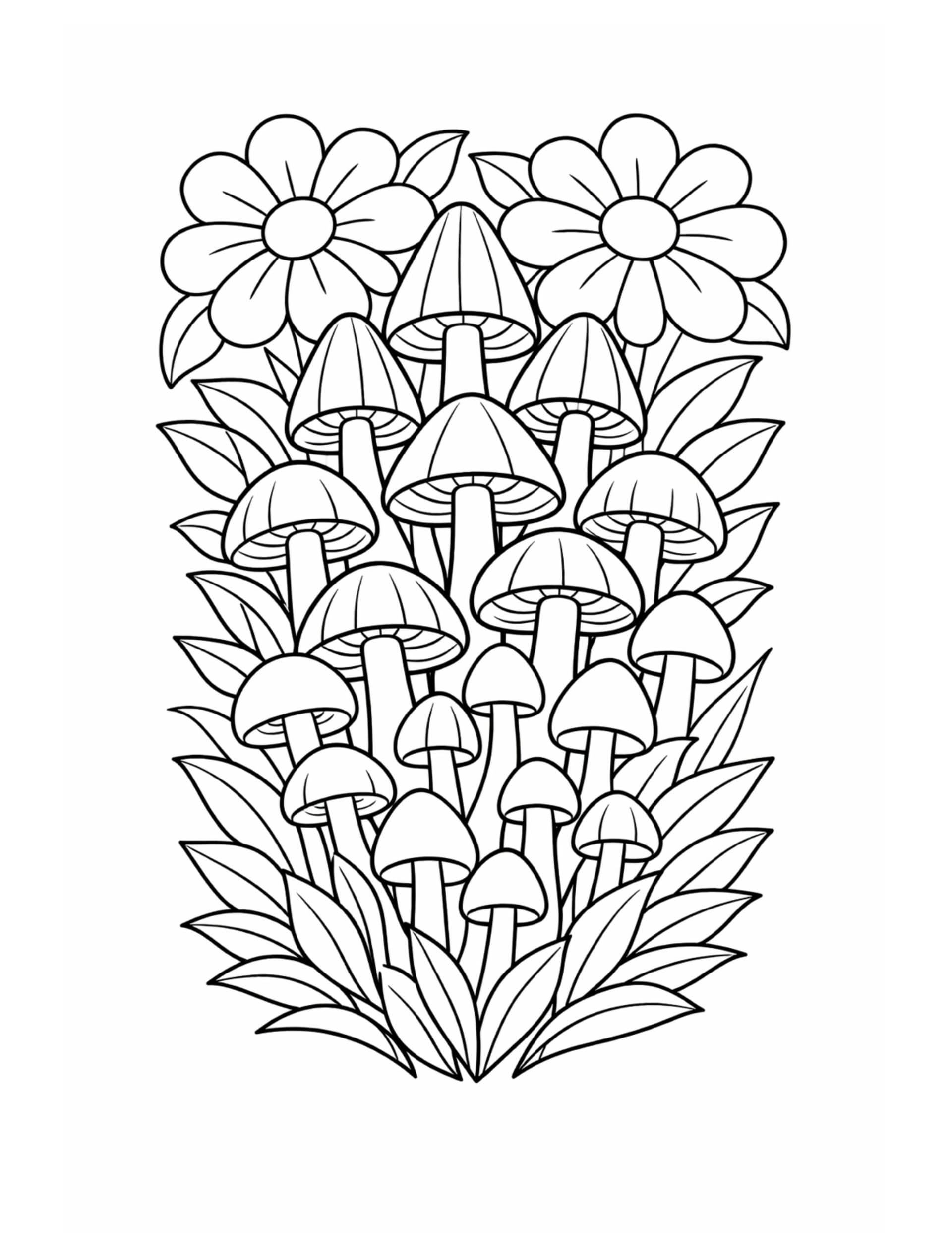 mushroom cluster with daisies coloring page featuring many mushrooms, large daisies, and layered leaves coloring page