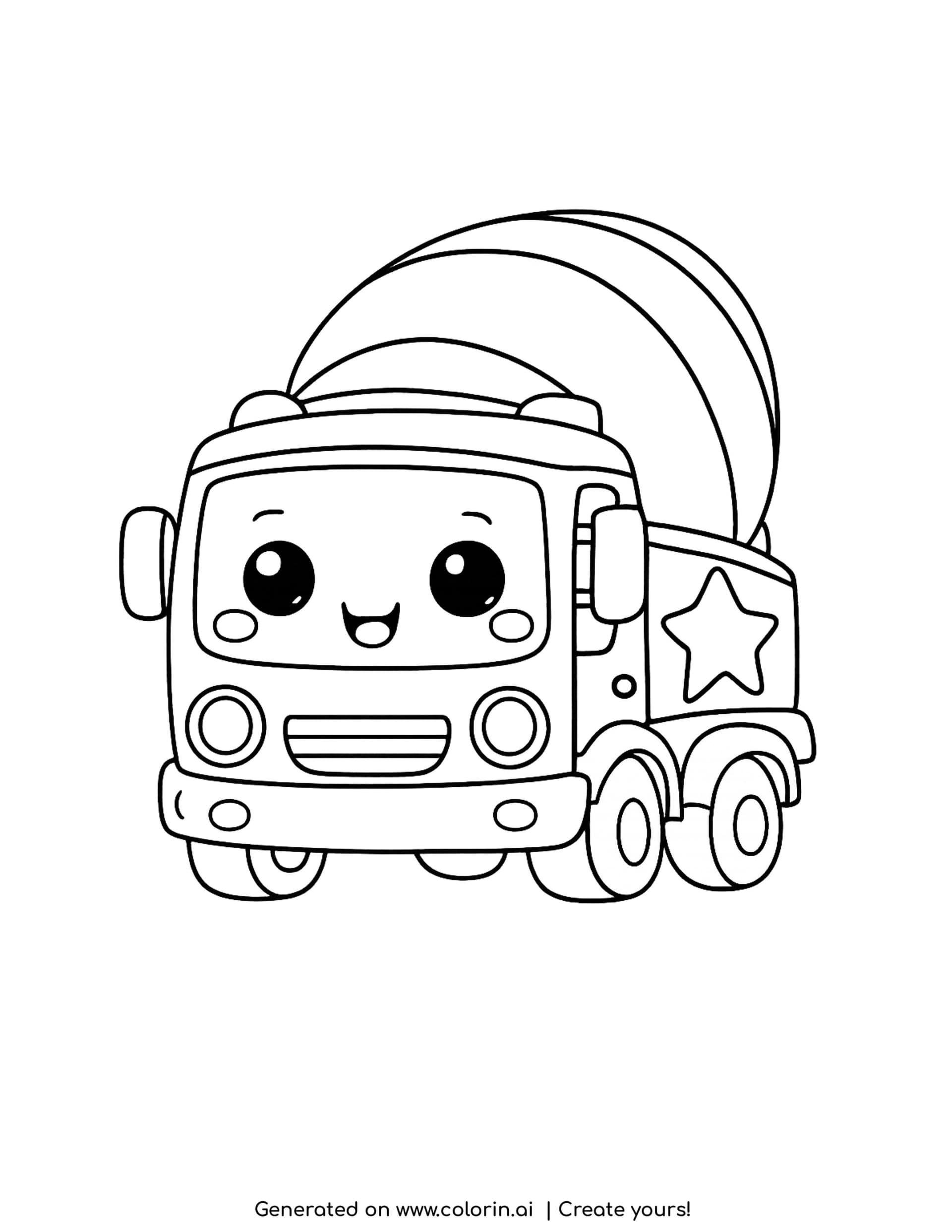 cement truck coloring pages, a smiling cement mixer with a large round drum rising behind the cab and a star on the side panel