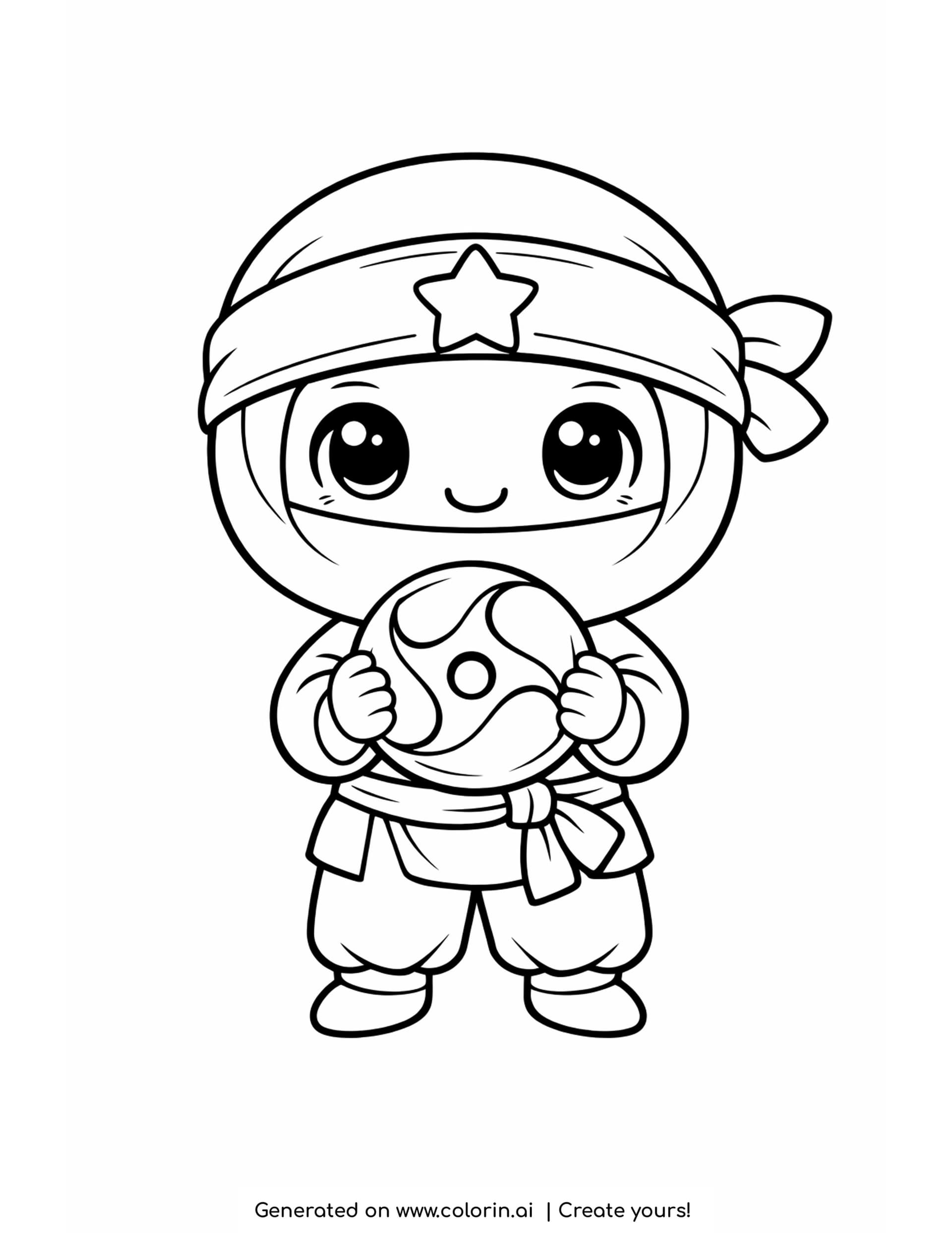 ninja with a throwing star coloring pages - small ninja holding a rounded throwing star with both hands