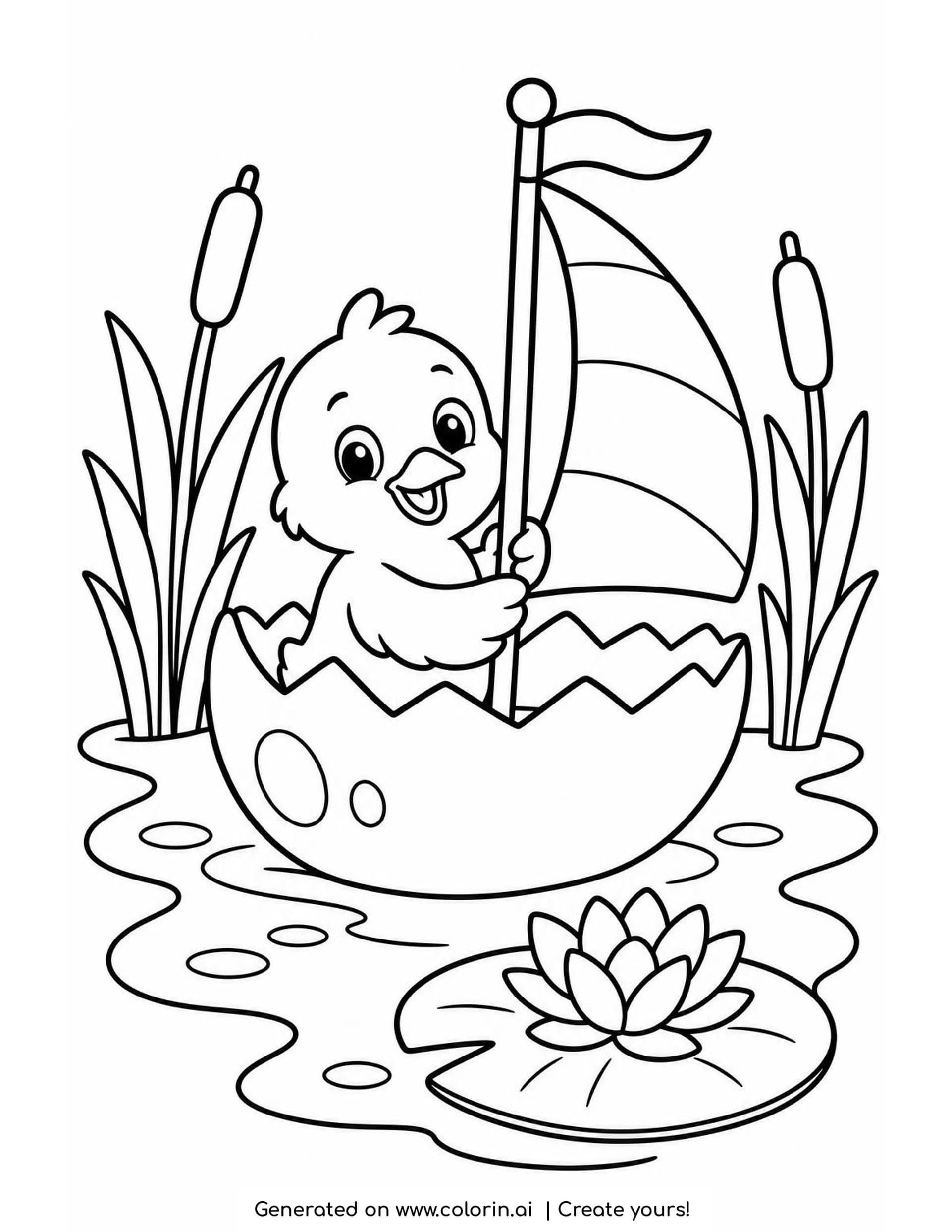 Preschool Easter coloring page with a baby chick sailing a half eggshell boat on a pond with cattails and a lily pad