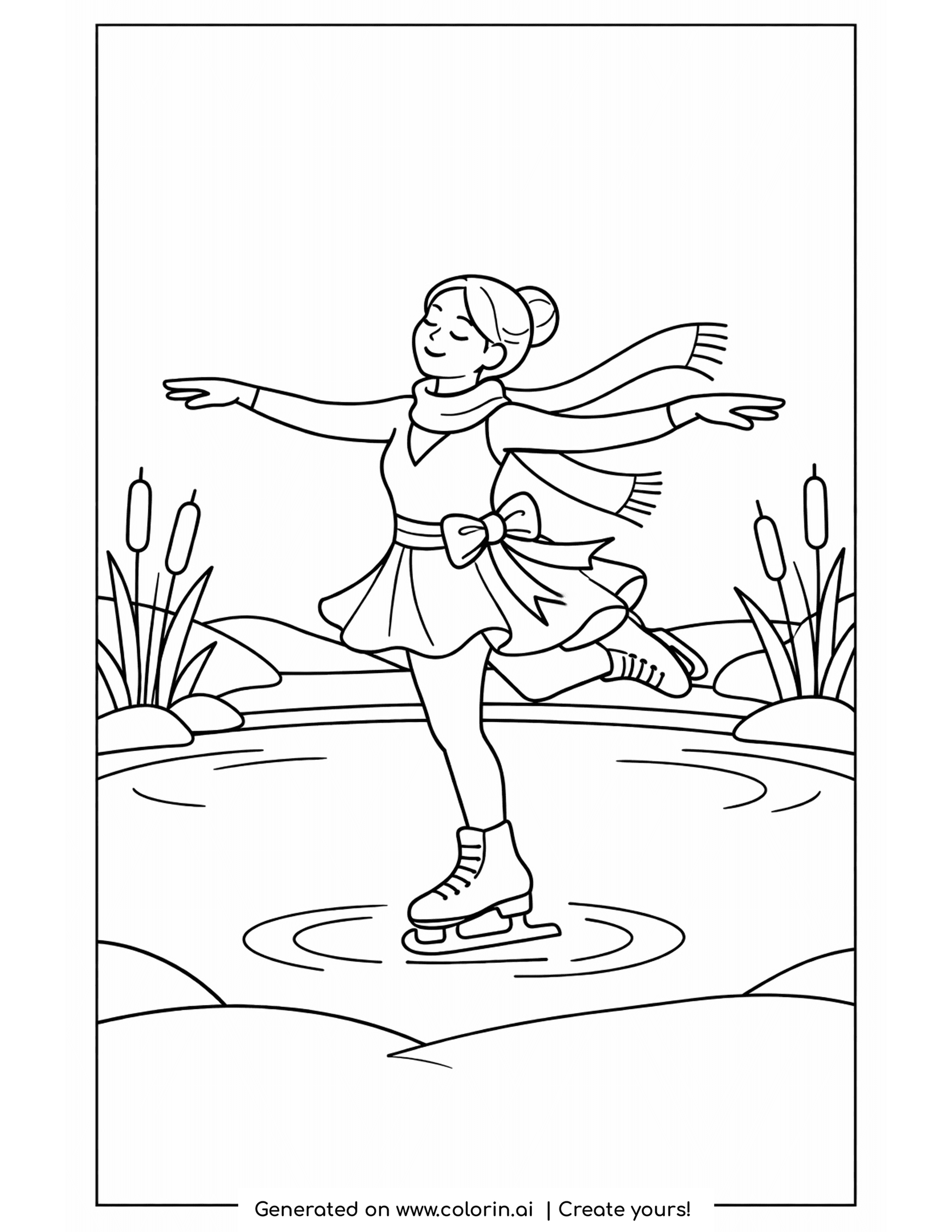 ice skating coloring pages, graceful figure skater gliding on a frozen pond