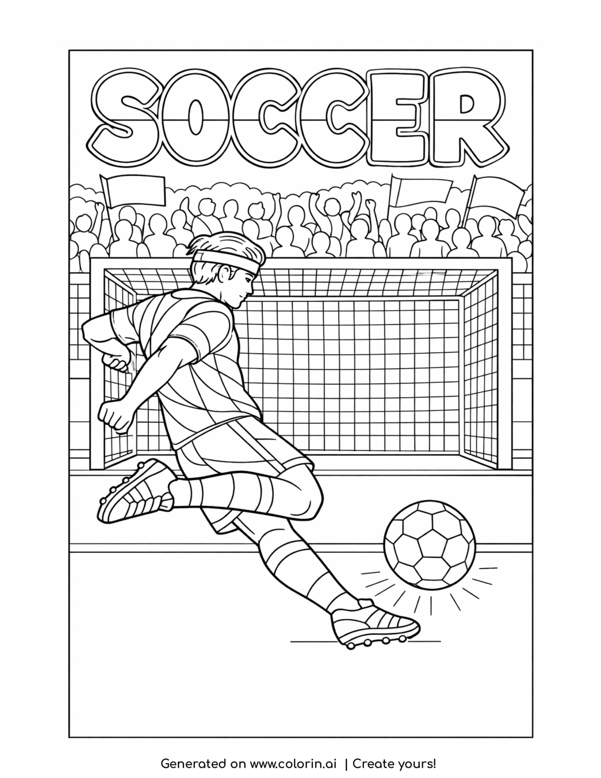 soccer player kicking ball to goal coloring page with athlete shooting toward net and crowd in background coloring page