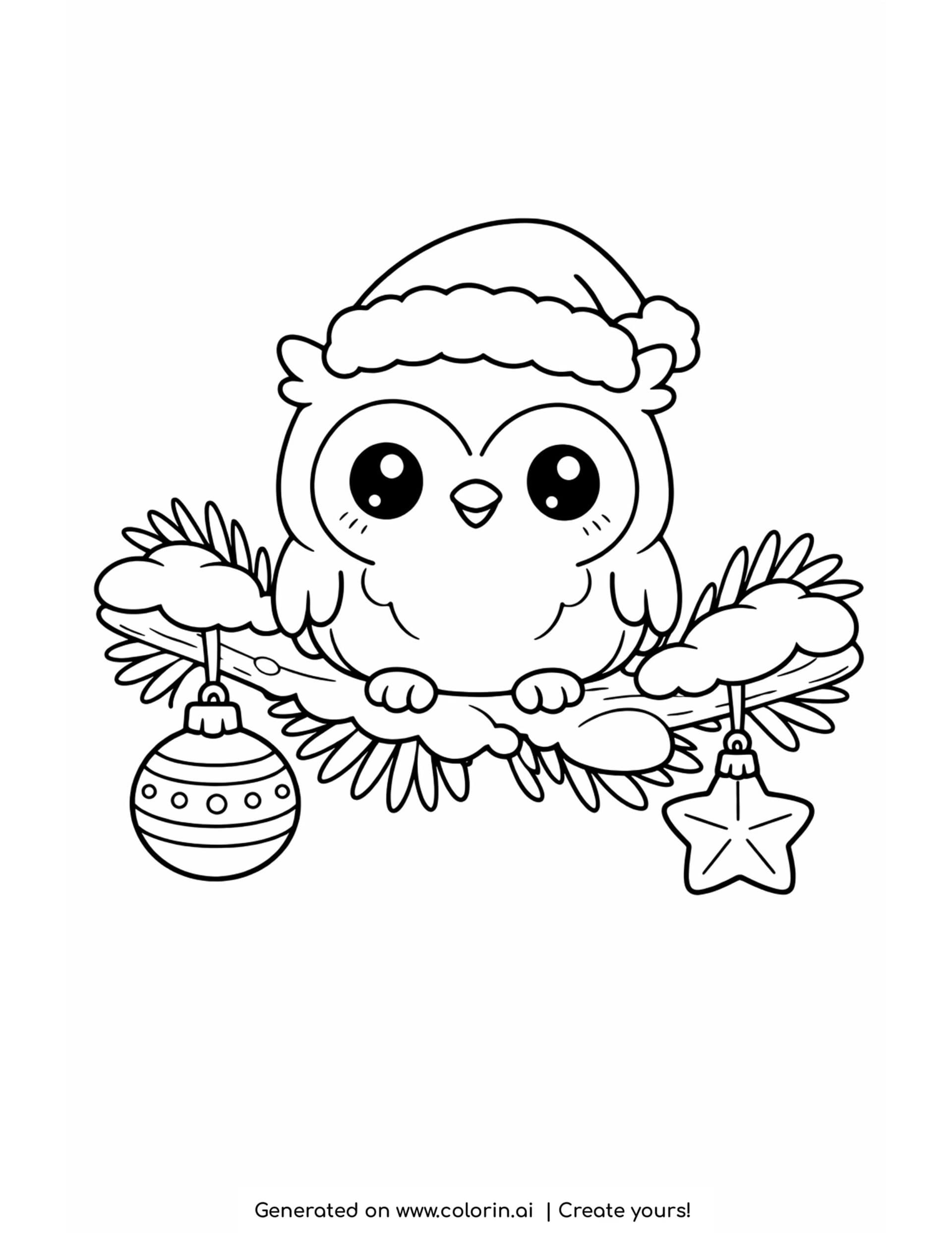 easy cute christmas coloring pages, an owl in a Santa hat on a snowy pine branch with hanging ornaments