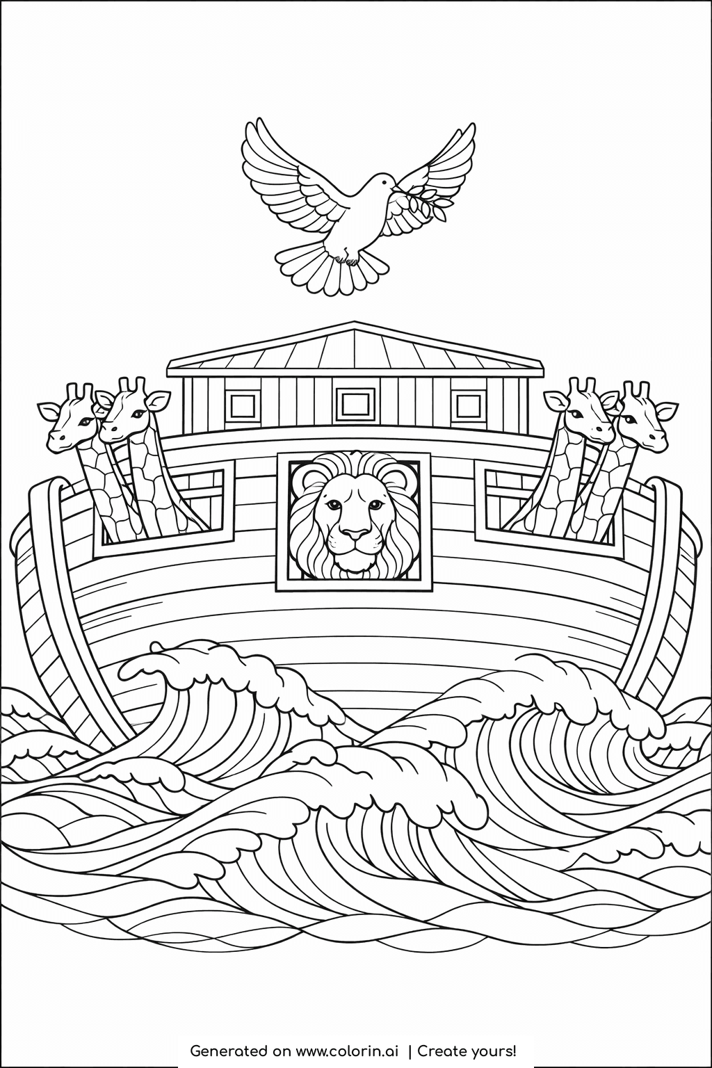 bible story coloring pages, Noah's ark voyage over ornate waves with giraffes, a lion, and a dove above