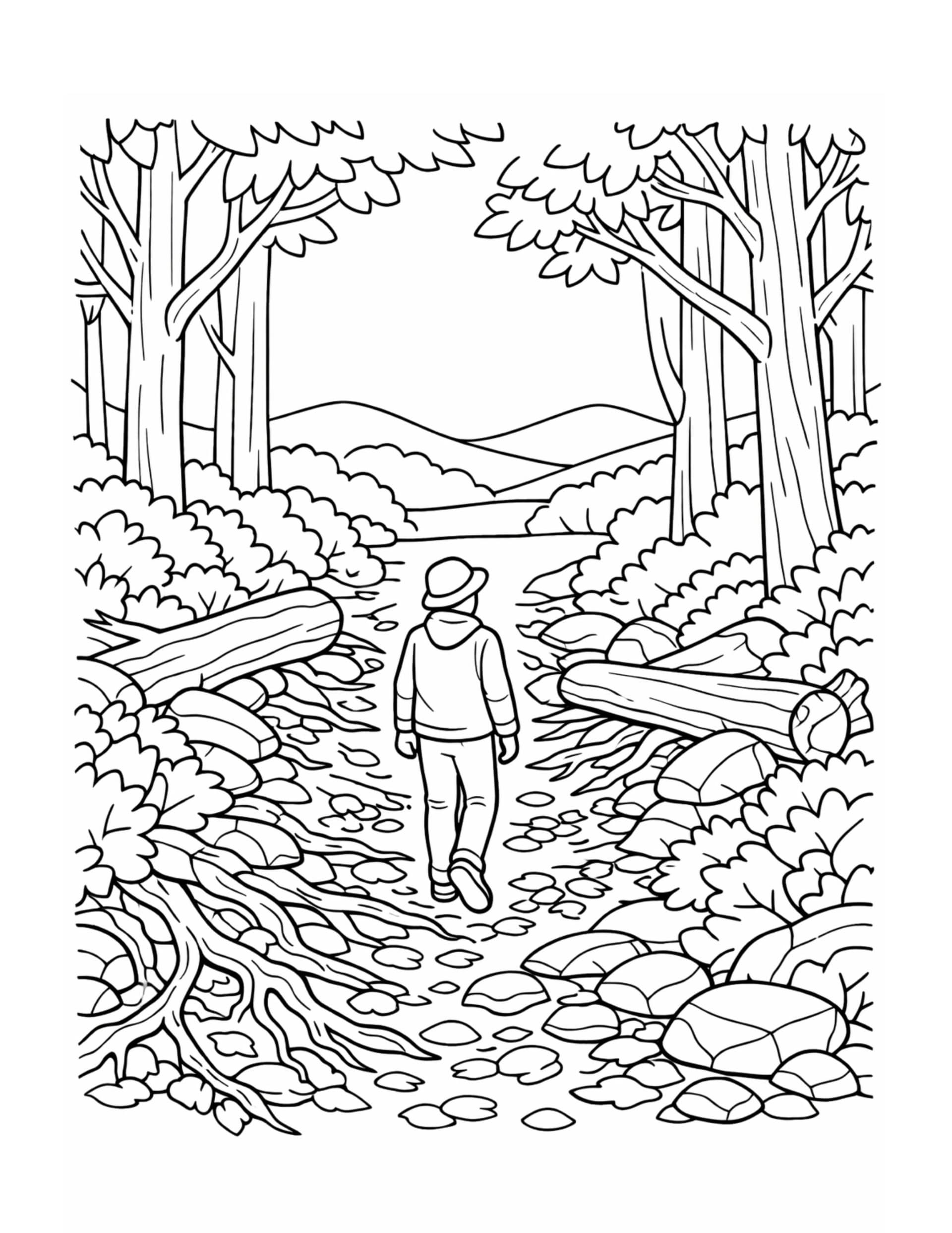 hiker walking rocky forest path coloring page, person walking through tall trees with logs and stones, coloring page