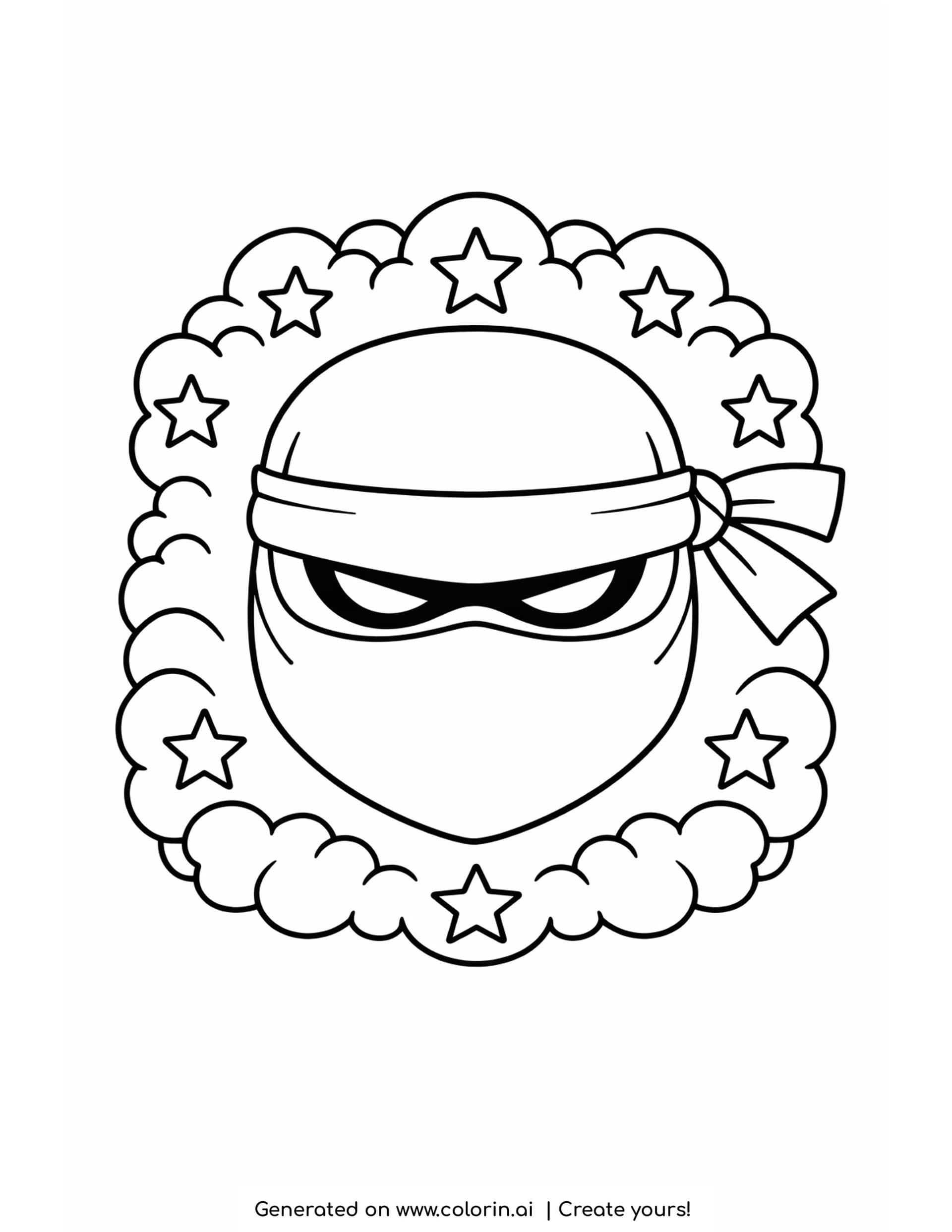 ninja mask coloring pages - hooded ninja mask with headband bow and eye slits inside a cloud and star ring
