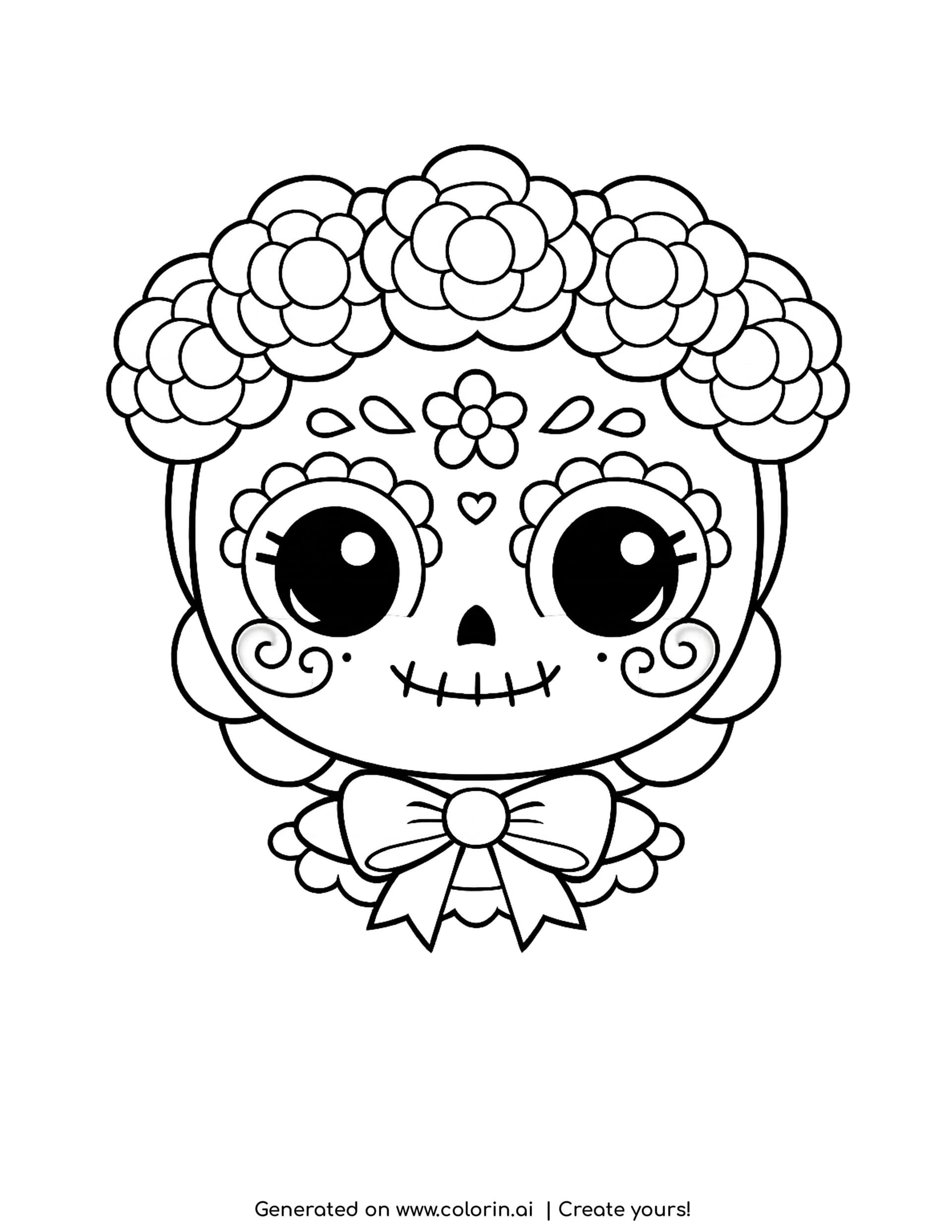 catrina coloring pages, round catrina face with a crown of layered flowers, swirled cheeks and a big bow
