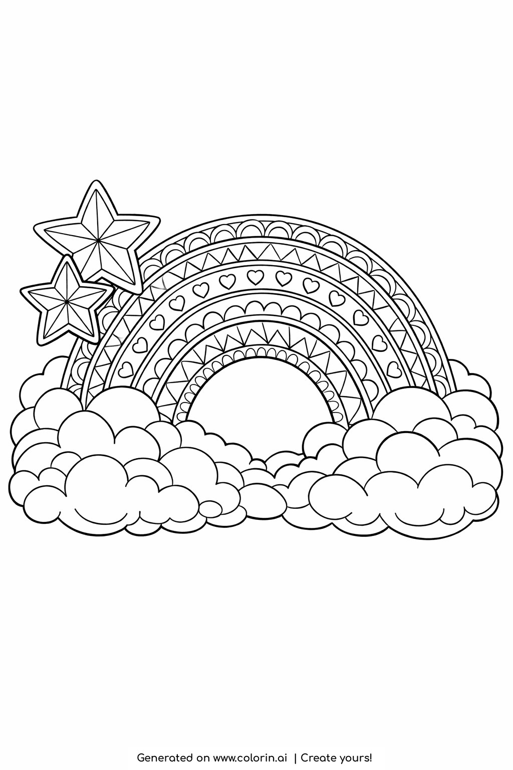 rainbow coloring pages for adults, a rainbow arch resting on clouds filled with layered decorative repeating patterns