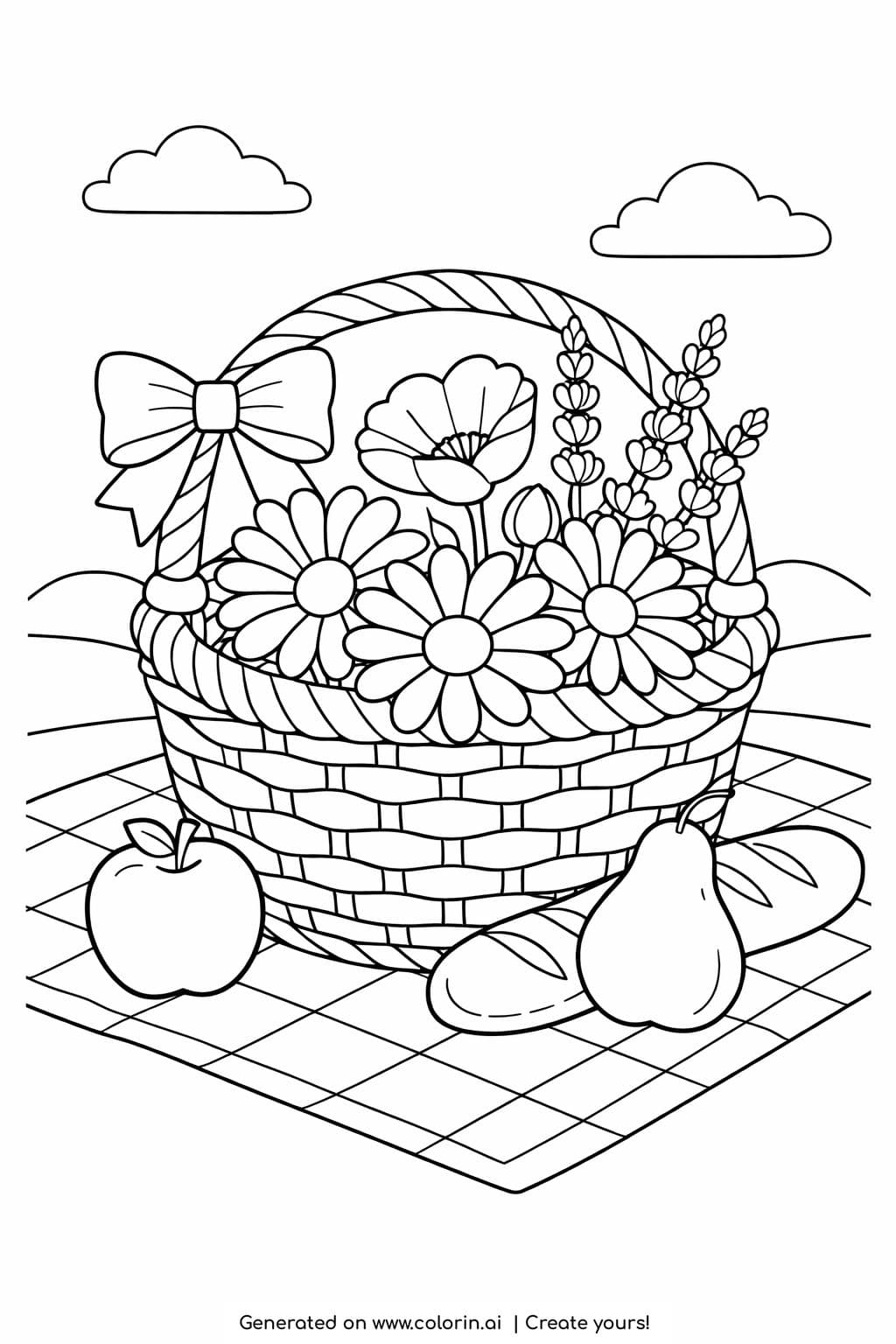 picnic basket with flowers and fruit coloring page on picnic blanket