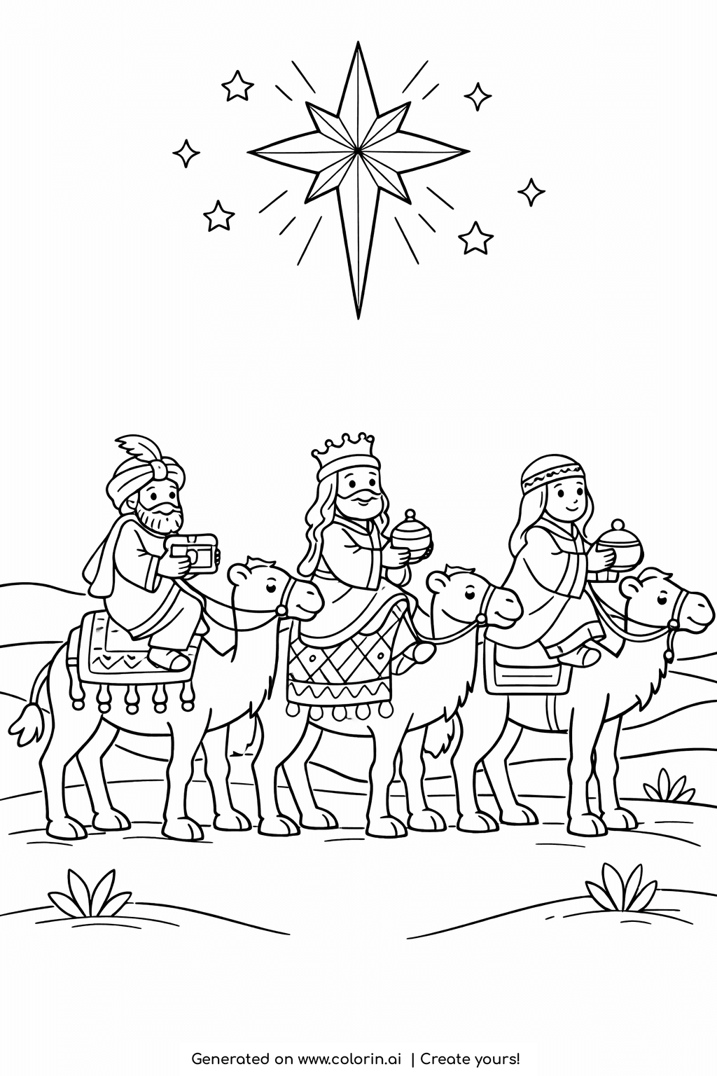 children's bible coloring pages, three wise men on camels following a bright sparkling star across the desert