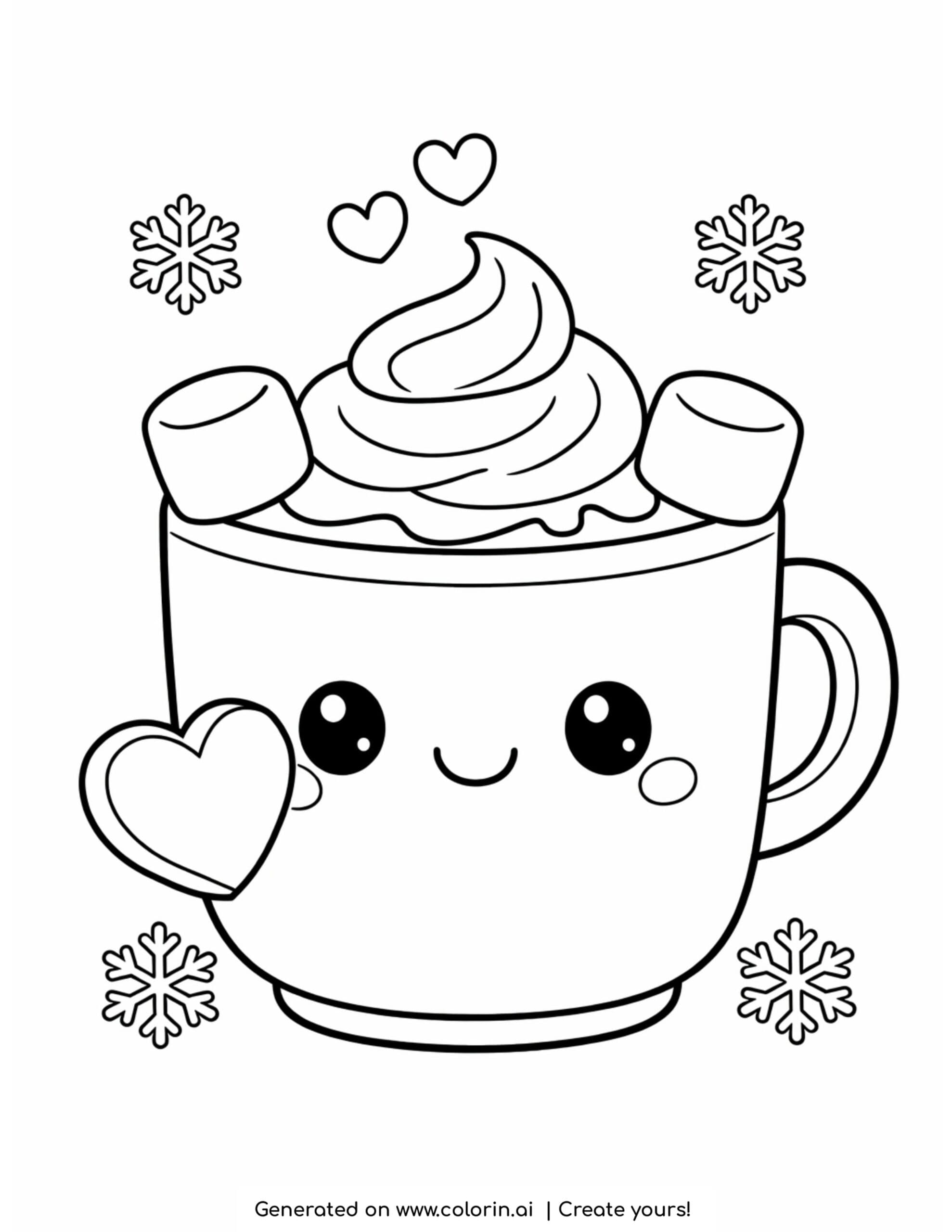 cozy winter coloring pages, a teapot pouring into a smiling cup with cookies on a plate