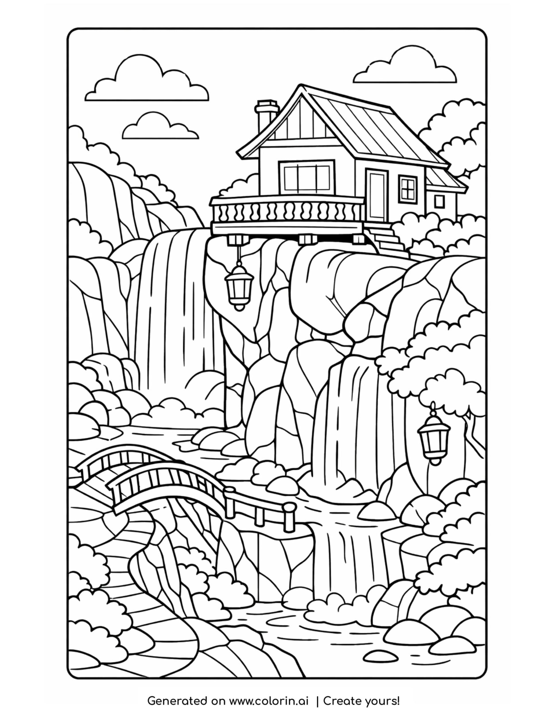 house on cliff with waterfall coloring page featuring a cozy home above cascading falls
