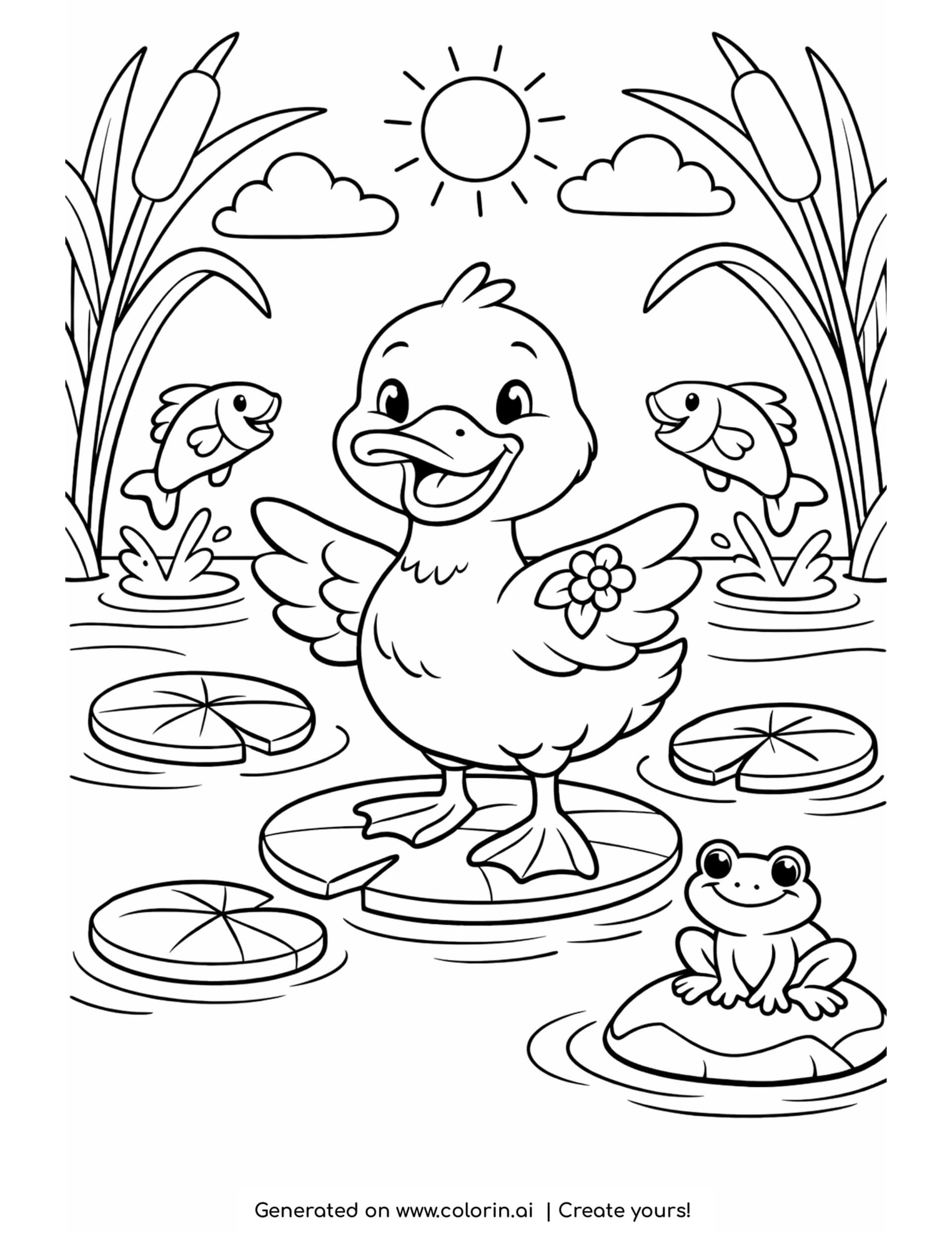 duck standing on a lily pad coloring page with fish, a frog, and pond plants
