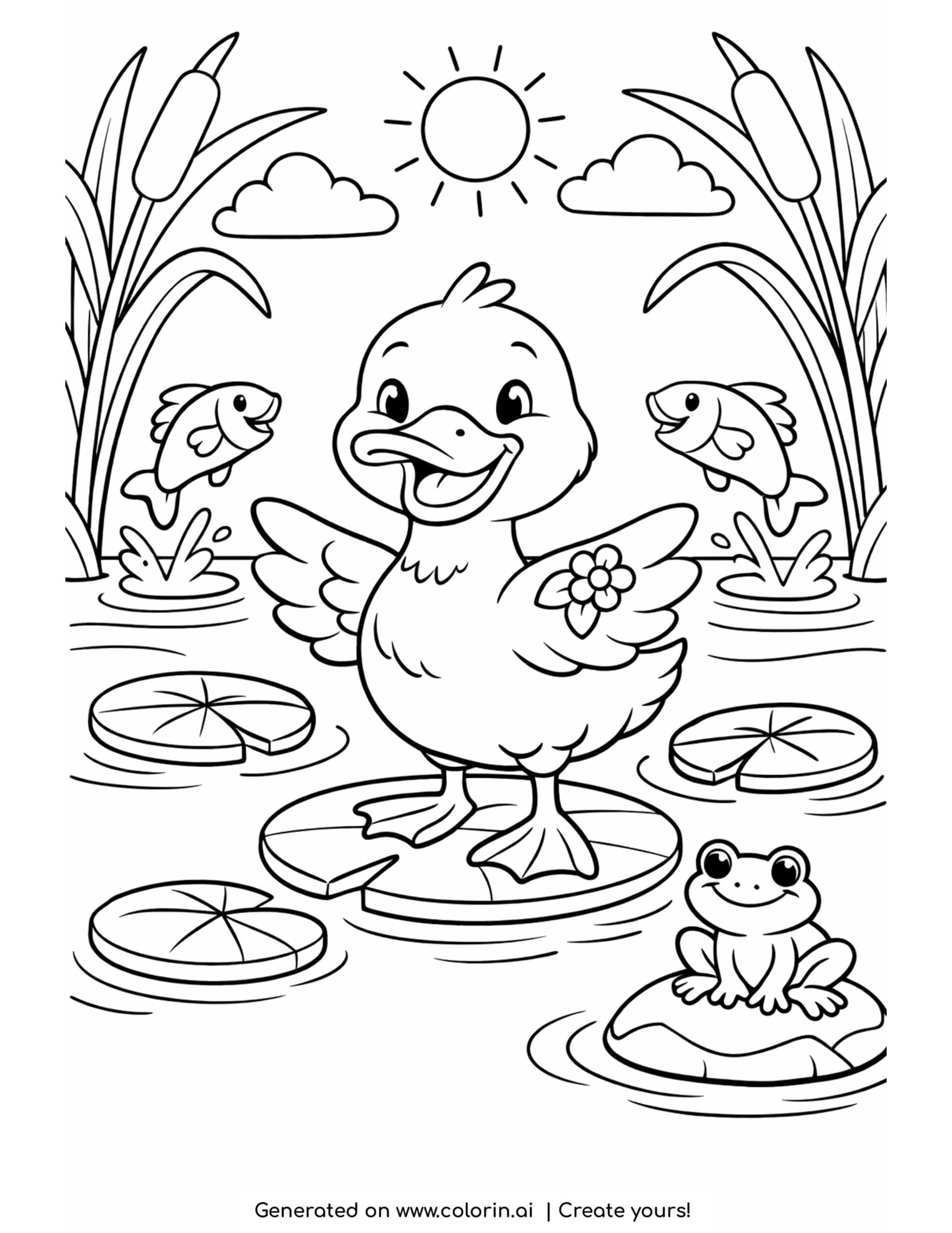 duck standing on a lily pad coloring page with fish, a frog, and pond plants