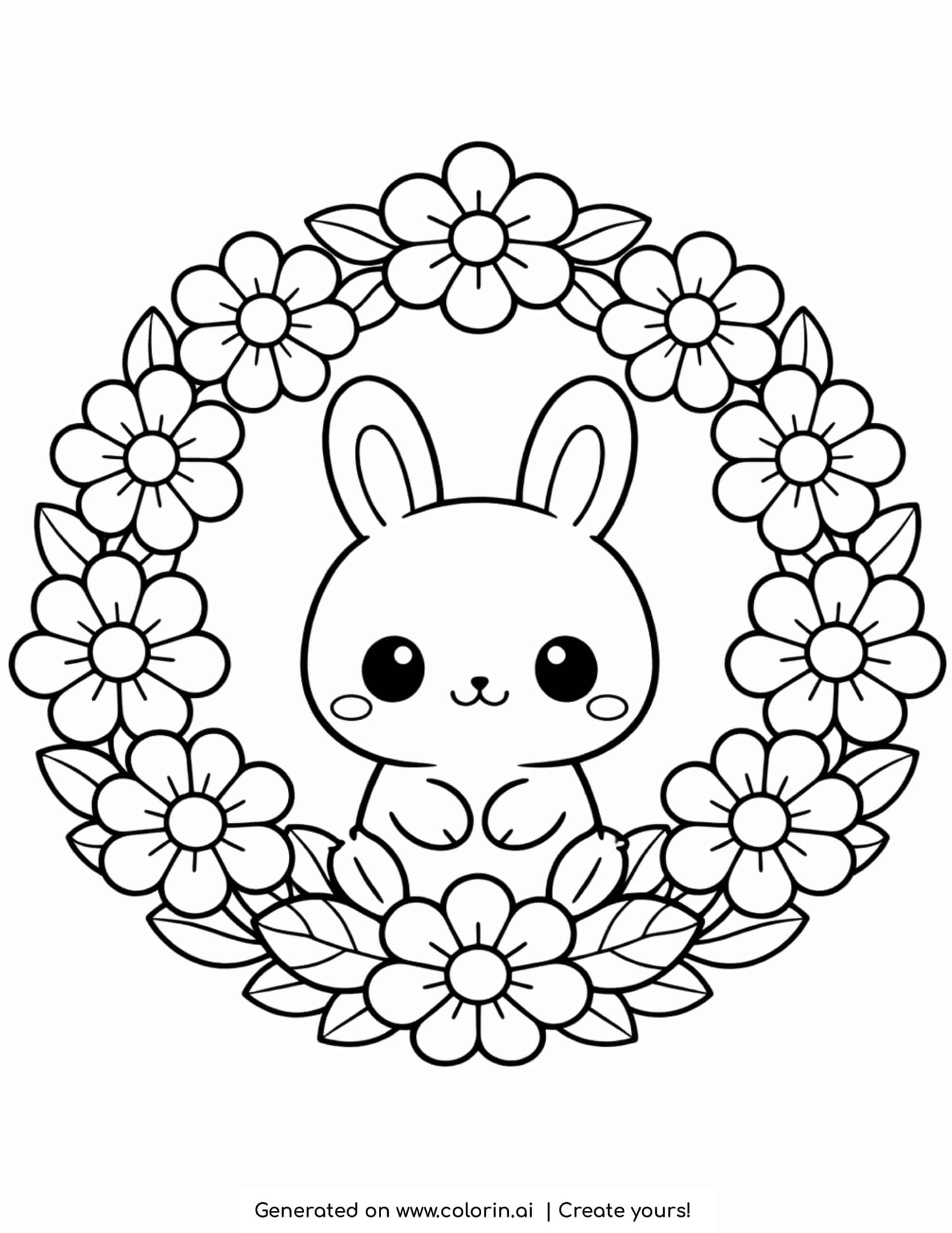 cute bunny sitting inside flower wreath coloring page