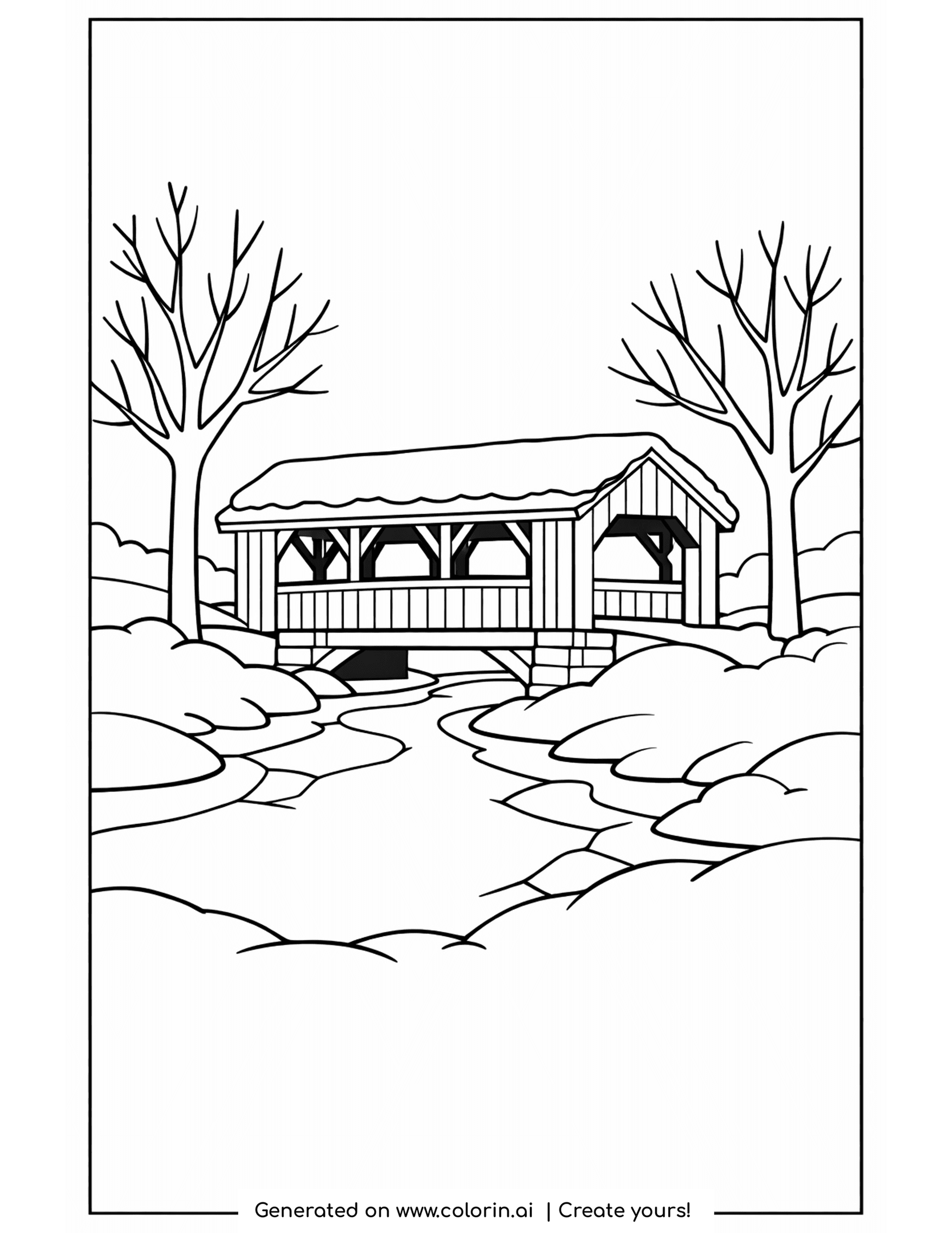 winter scene coloring pages, a wooden covered bridge over a frozen stream framed by bare snowy trees