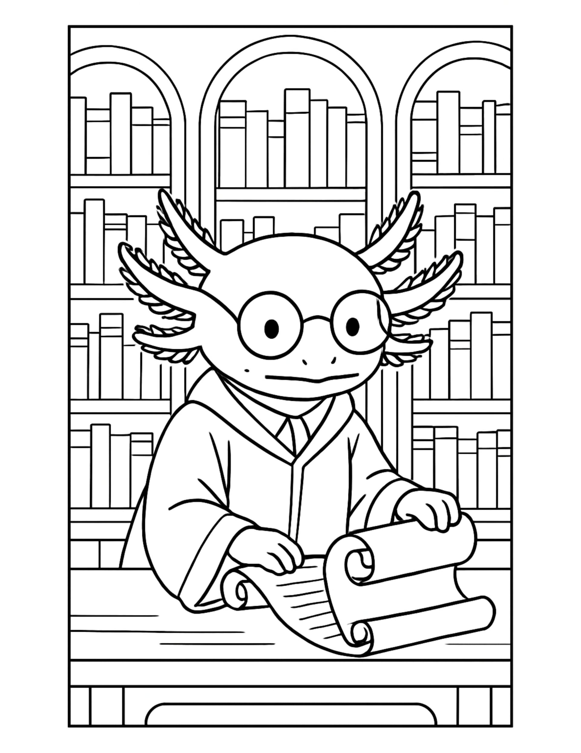 axolotl scholar reading scroll coloring page in a library with glasses and a robe coloring page
