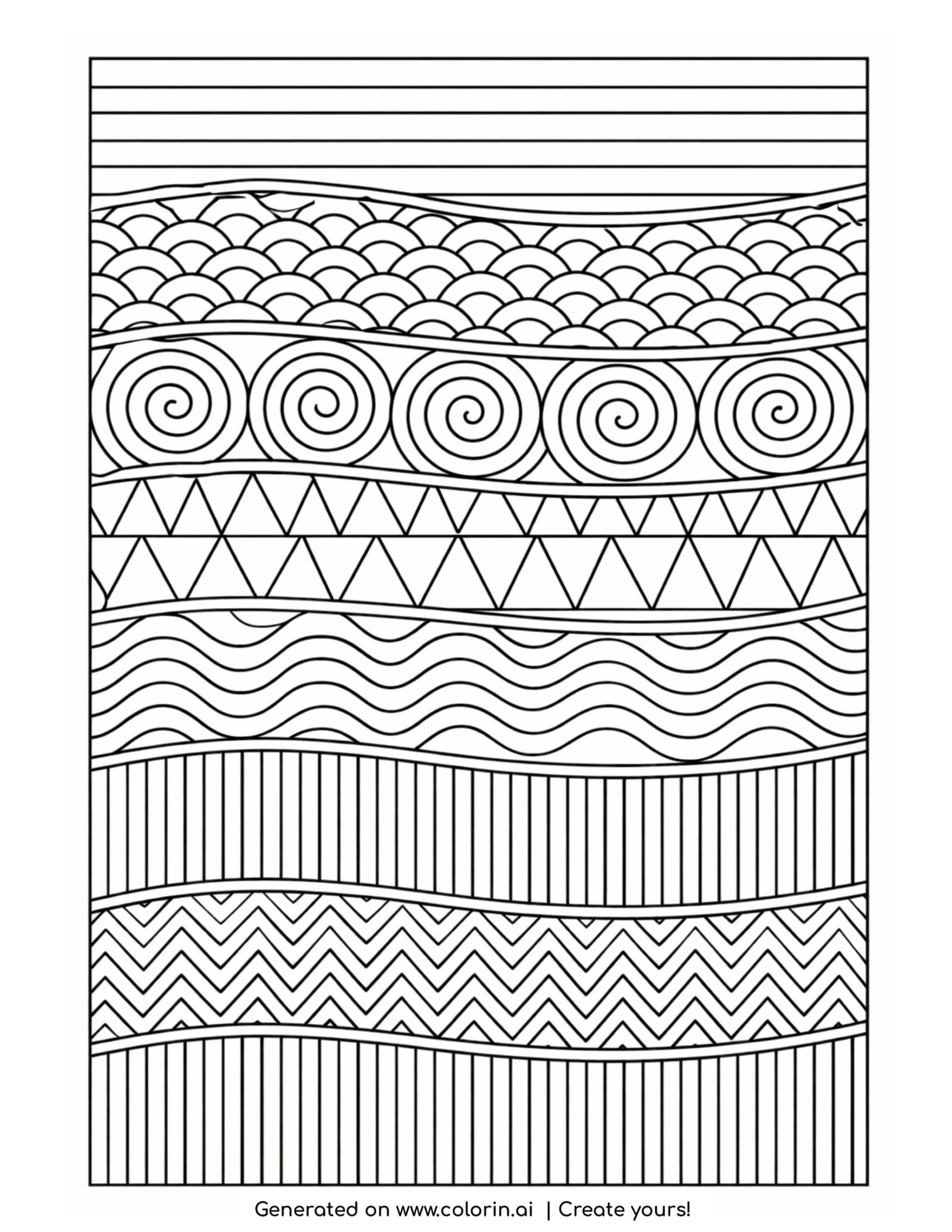 geometric stripe pattern with shapes coloring page with horizontal decorative bands