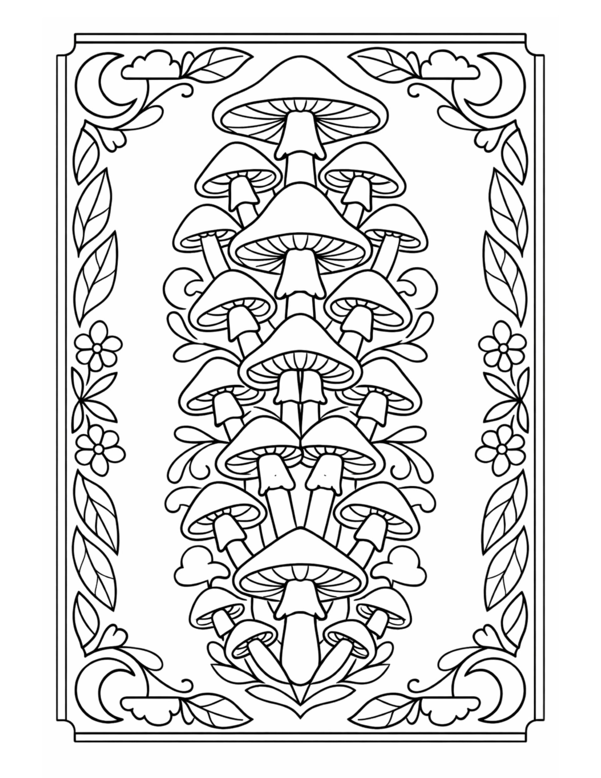 ornate mushroom column framed illustration coloring page with decorative border coloring page