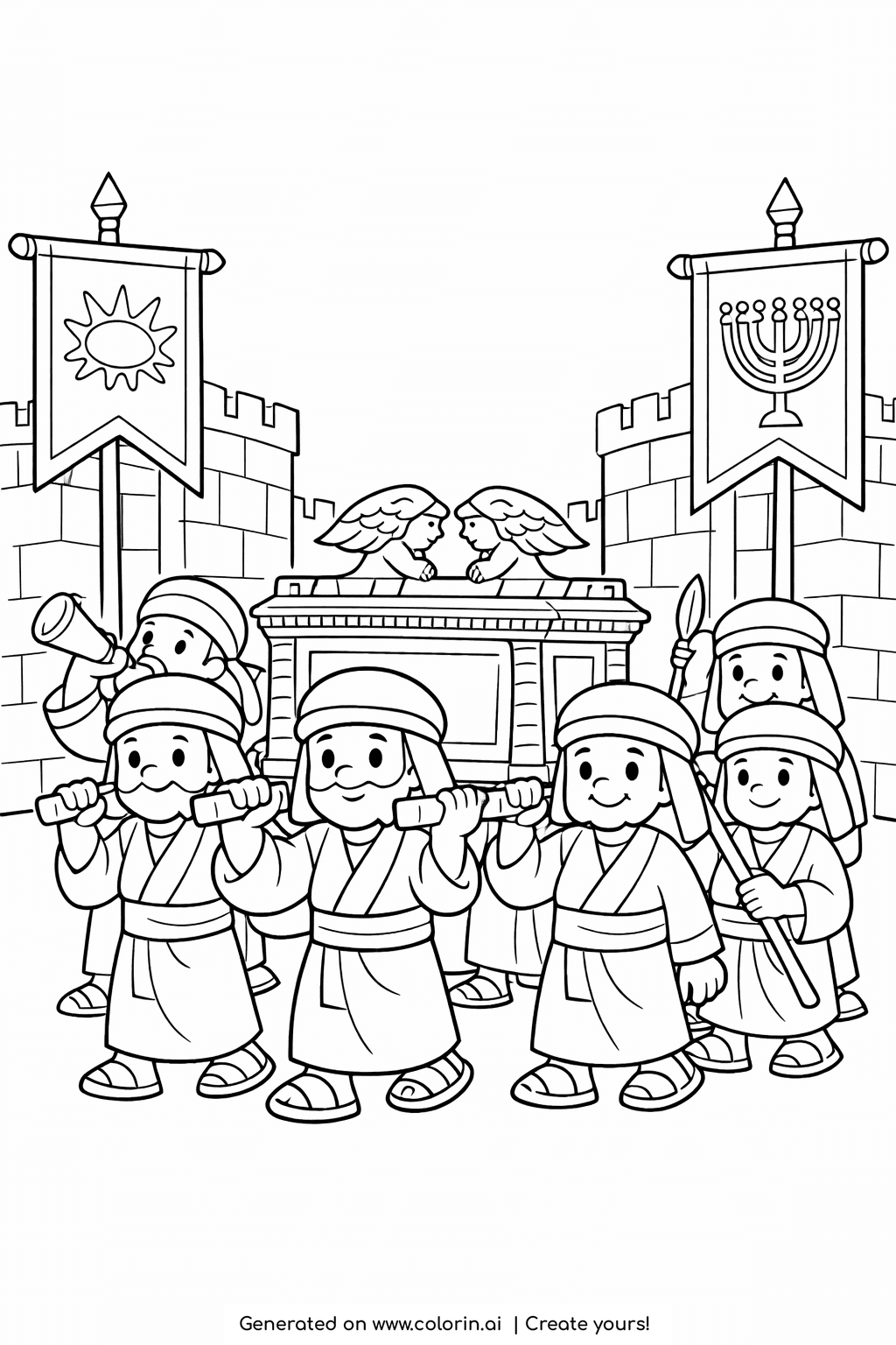 bible coloring pages for kids, a procession carrying the ark and banners marching past the walls of Jericho