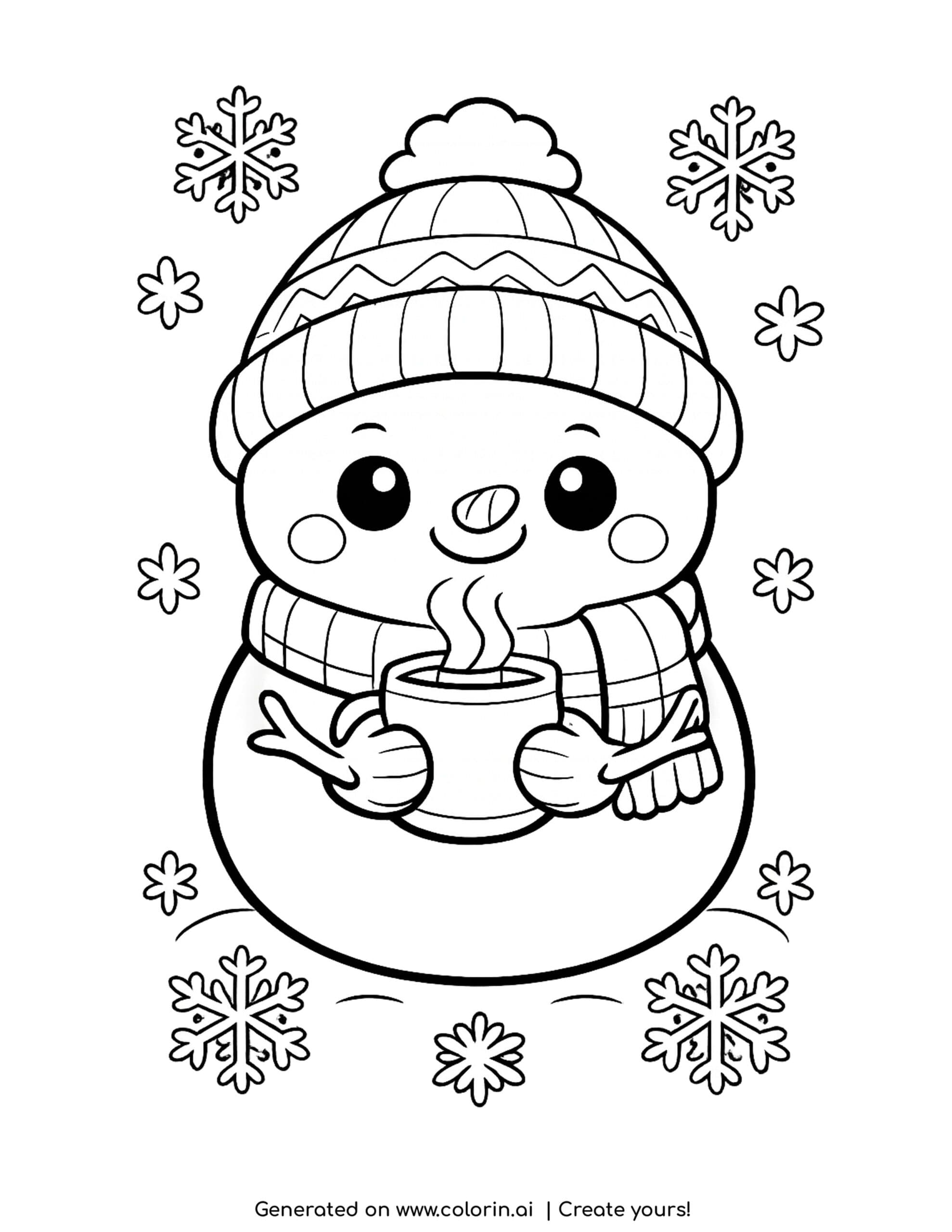 cute winter coloring pages, a round snowman in a beanie holding a steaming mug