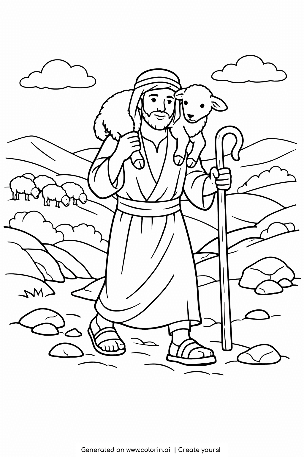 children's bible coloring pages, a shepherd carrying the found lamb on his shoulders across green hills with the flock