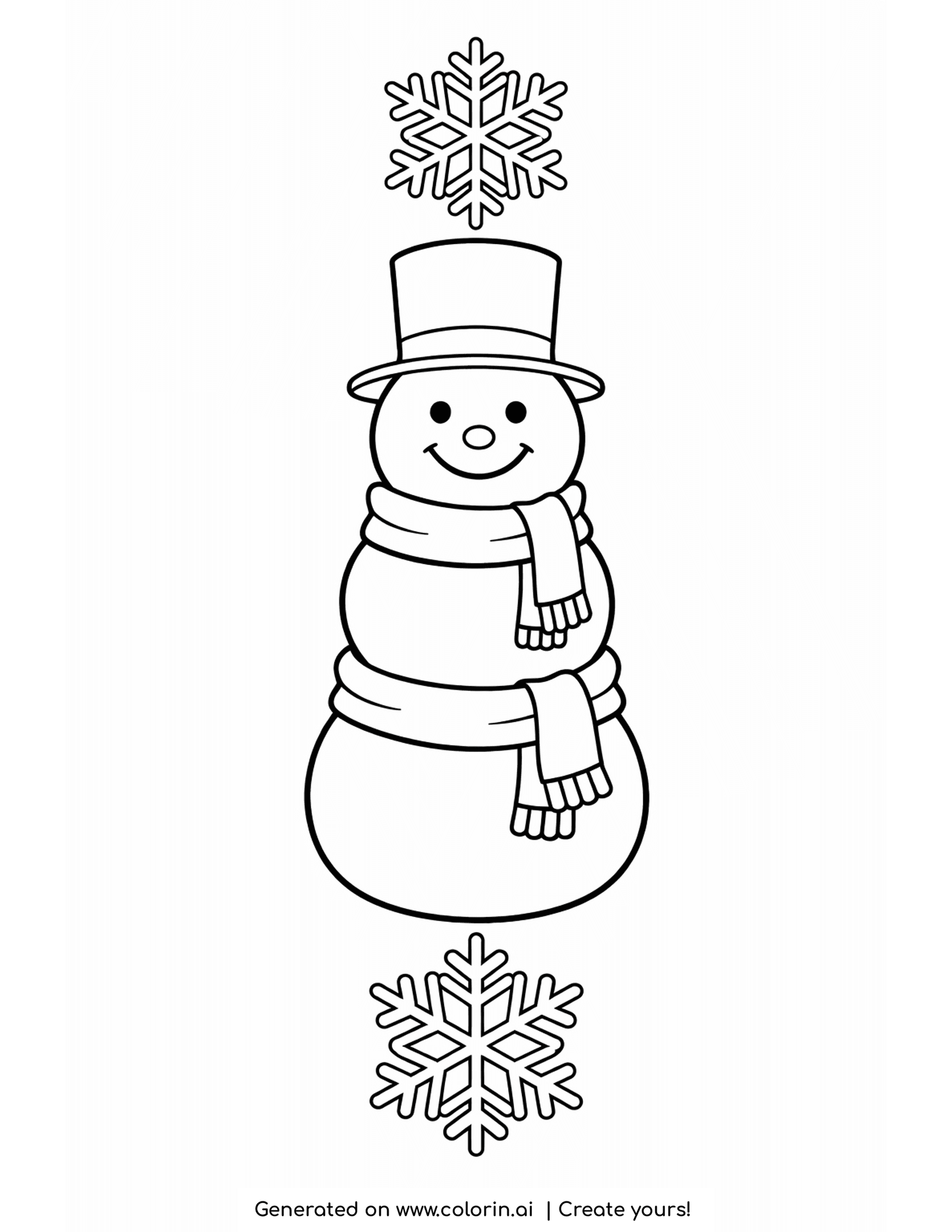 simple winter coloring pages, a simple snowman with a top hat and scarf and a few snowflakes