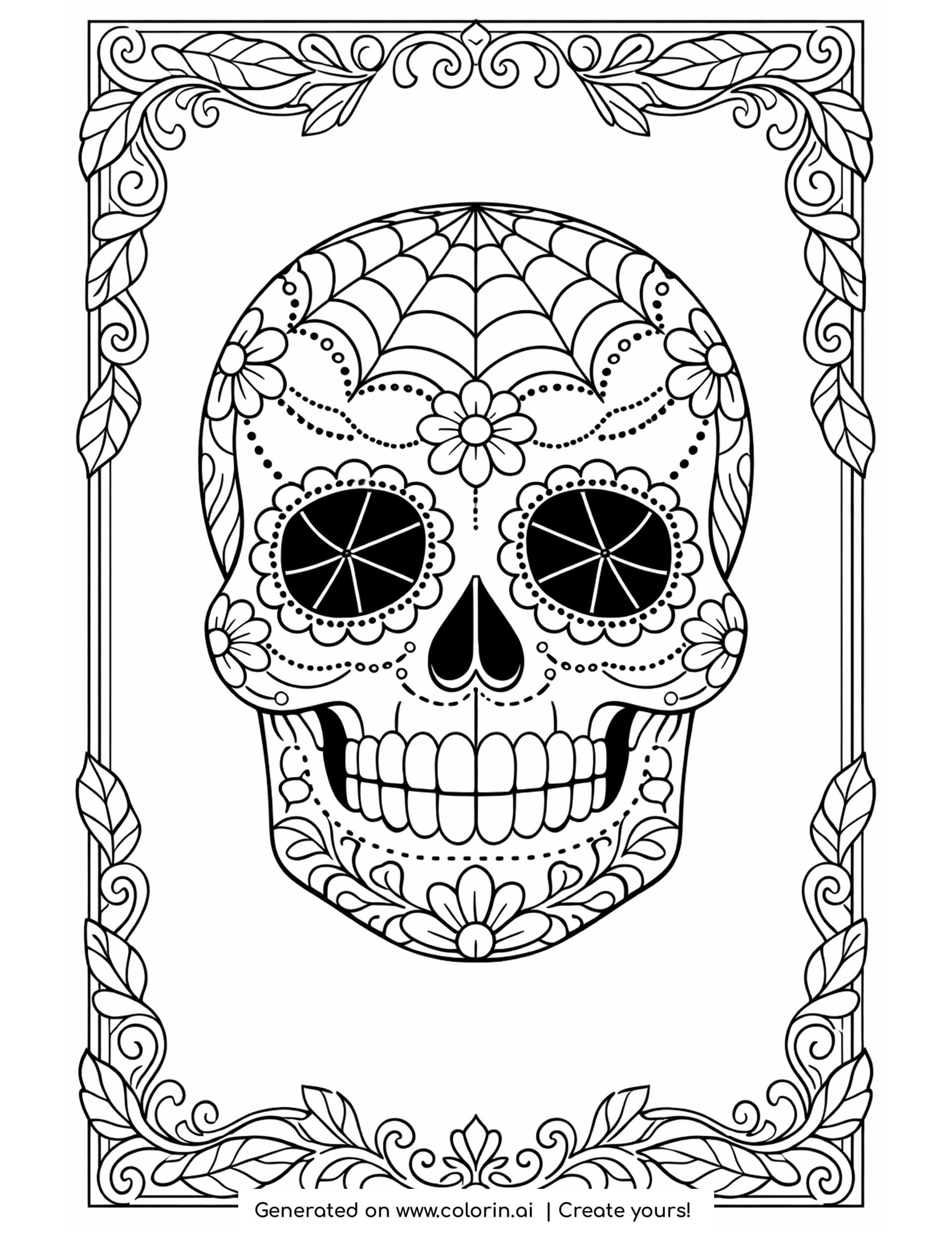sugar skull cobweb coloring pages, calavera with a fine cobweb on the forehead, dotted lace bands and a decorative frame