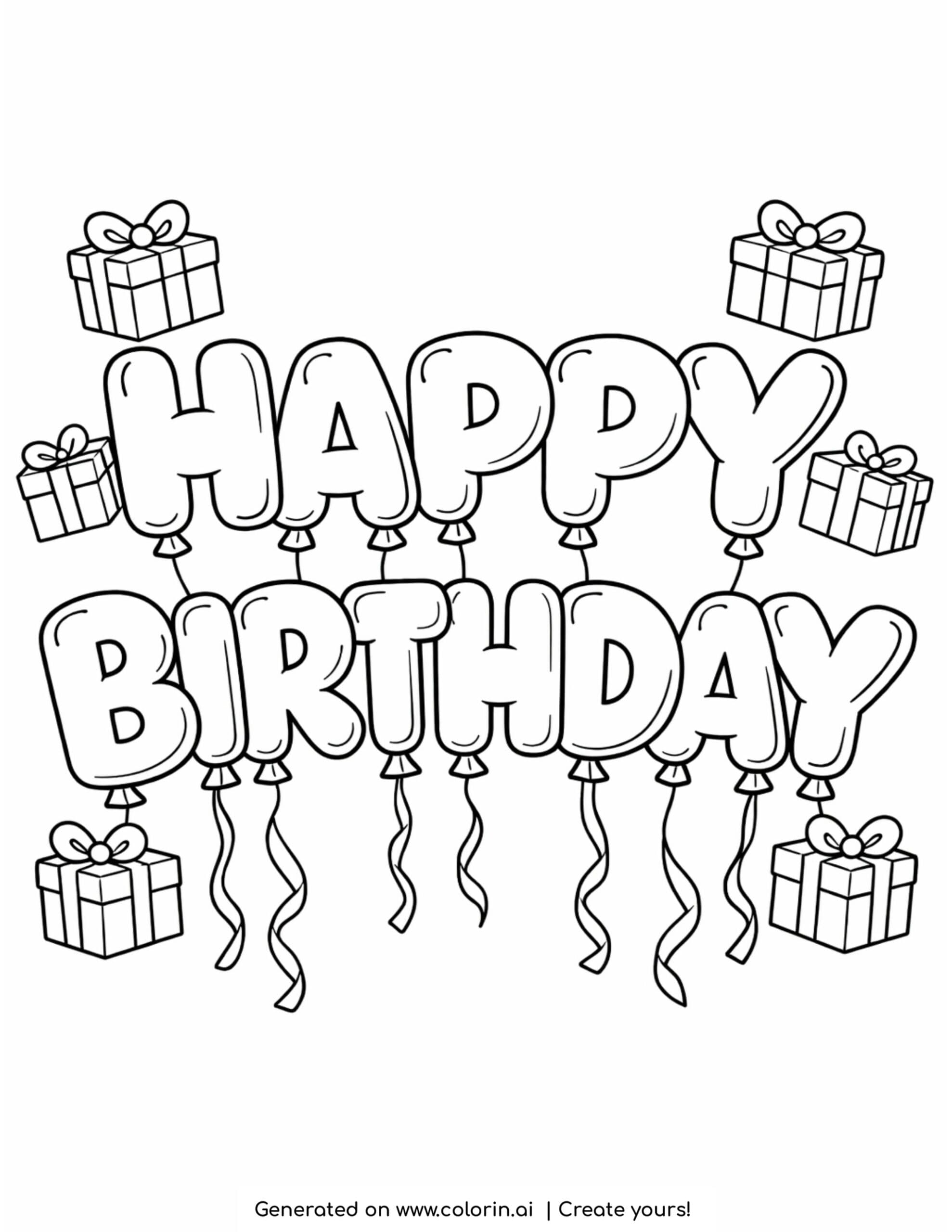 happy birthday balloon letters coloring page with ribbons and gift boxes