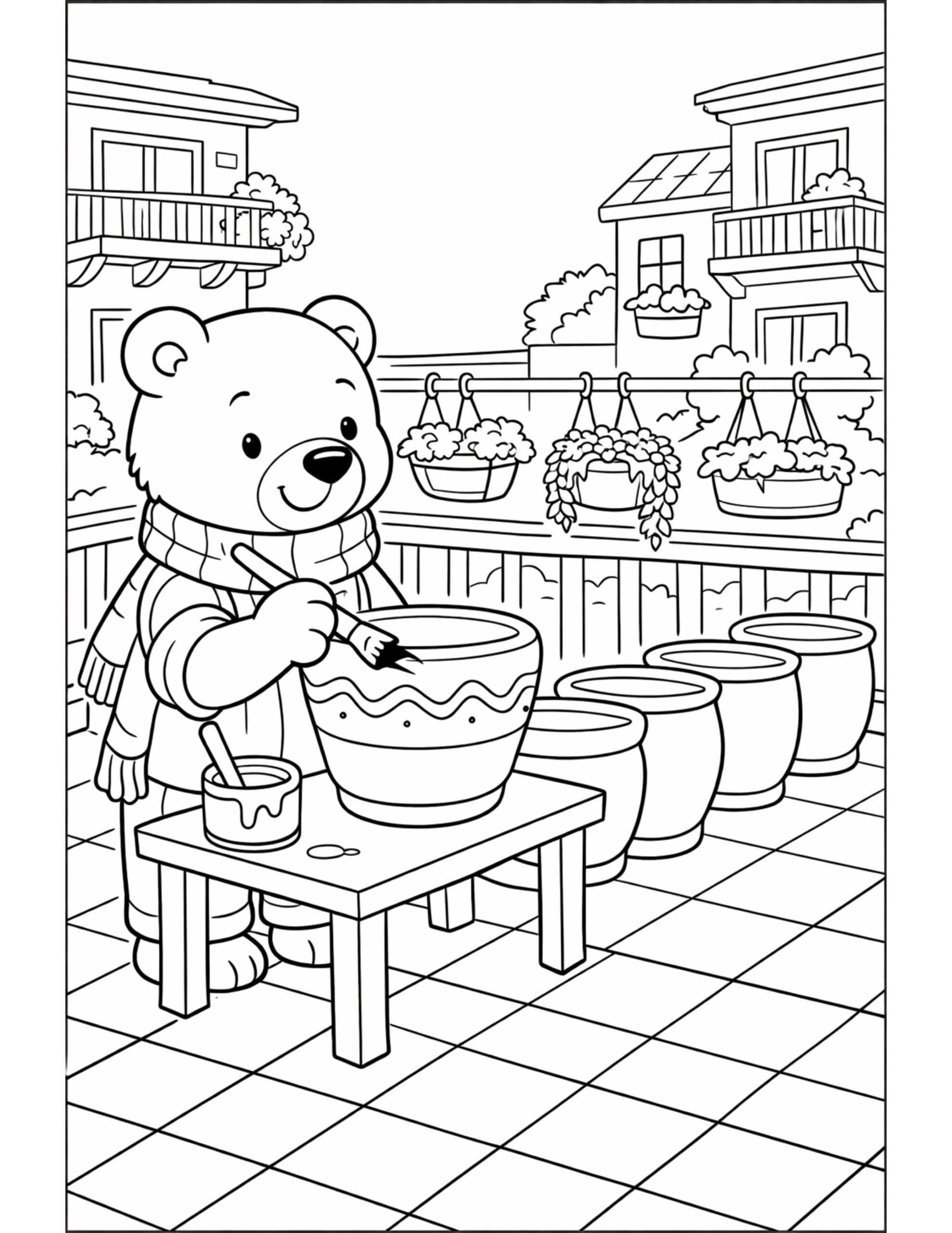 bear painting flower pots coloring page on a balcony with hanging plants, paint brush, and cozy buildings coloring page