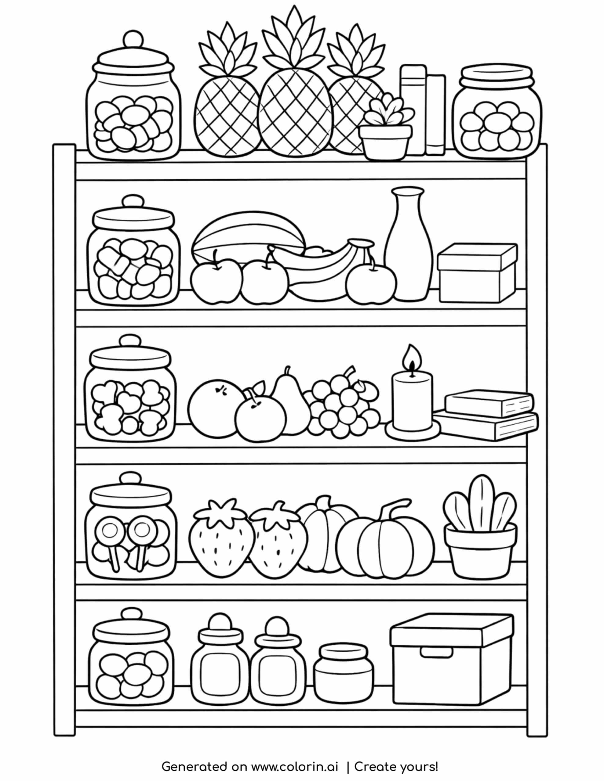 pantry shelf with fruits jars plants and decorative items coloring page