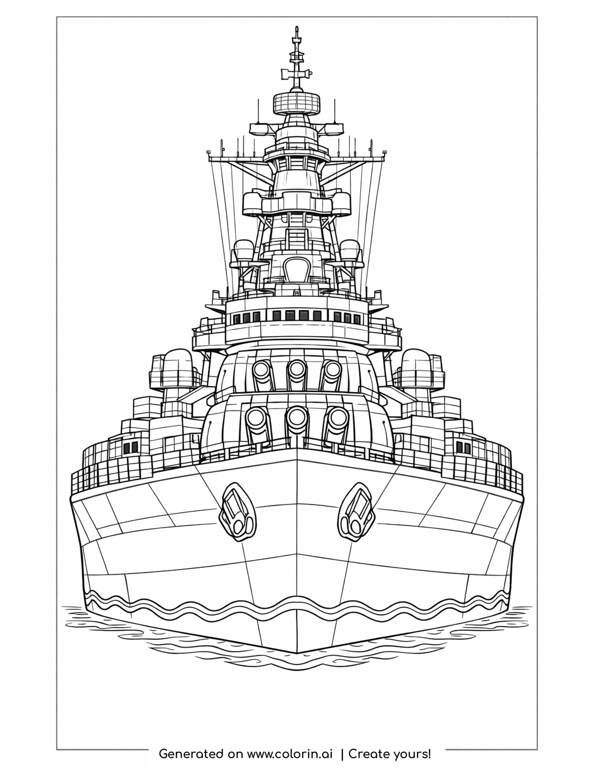 navy battleship with radar coloring pages - a battleship seen bow on with two triple gun turrets, a tiered bridge tower, radar lattice and an anchor on each bow