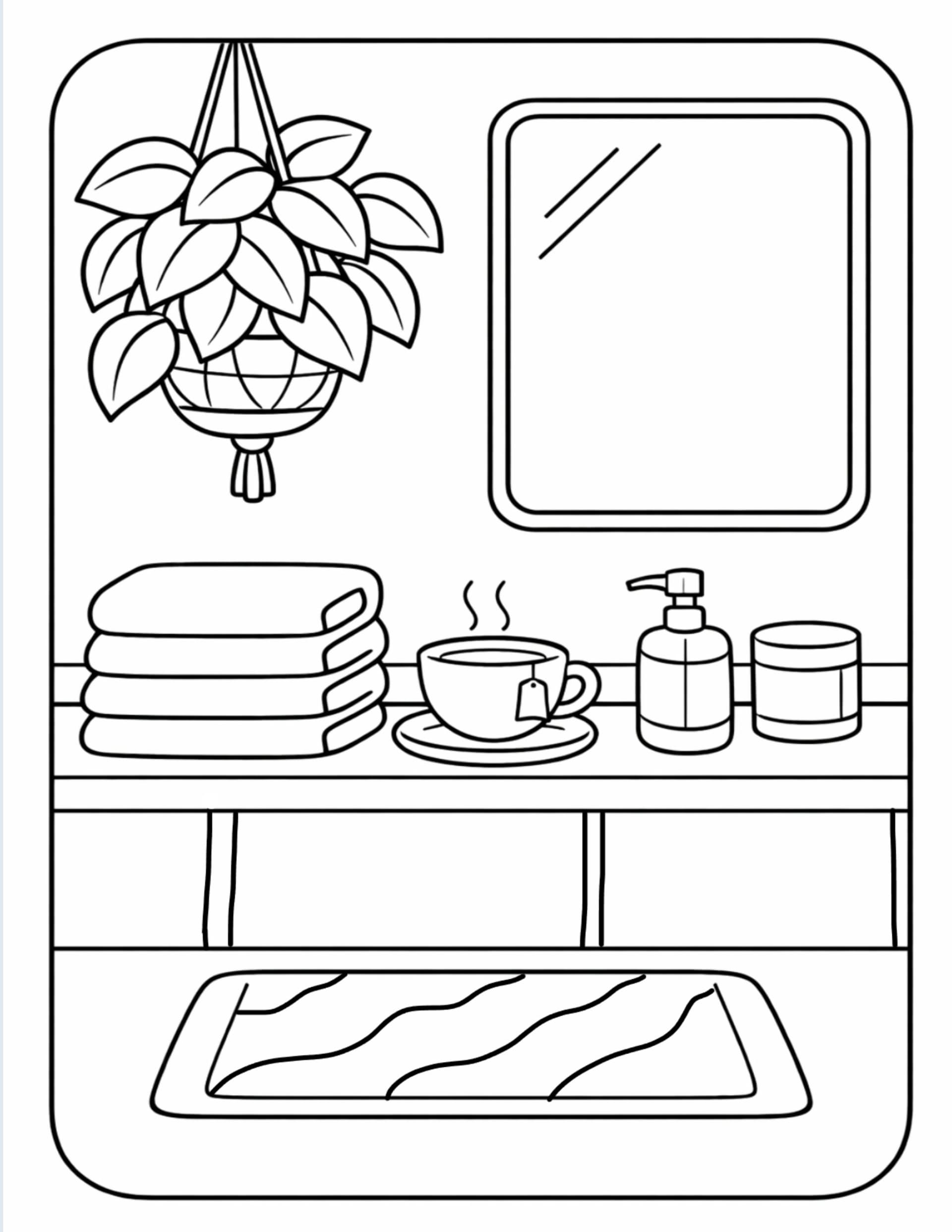 bathroom vanity with tea cup coloring page with hanging plant, mirror, folded towels, soap dispenser, and bath mat