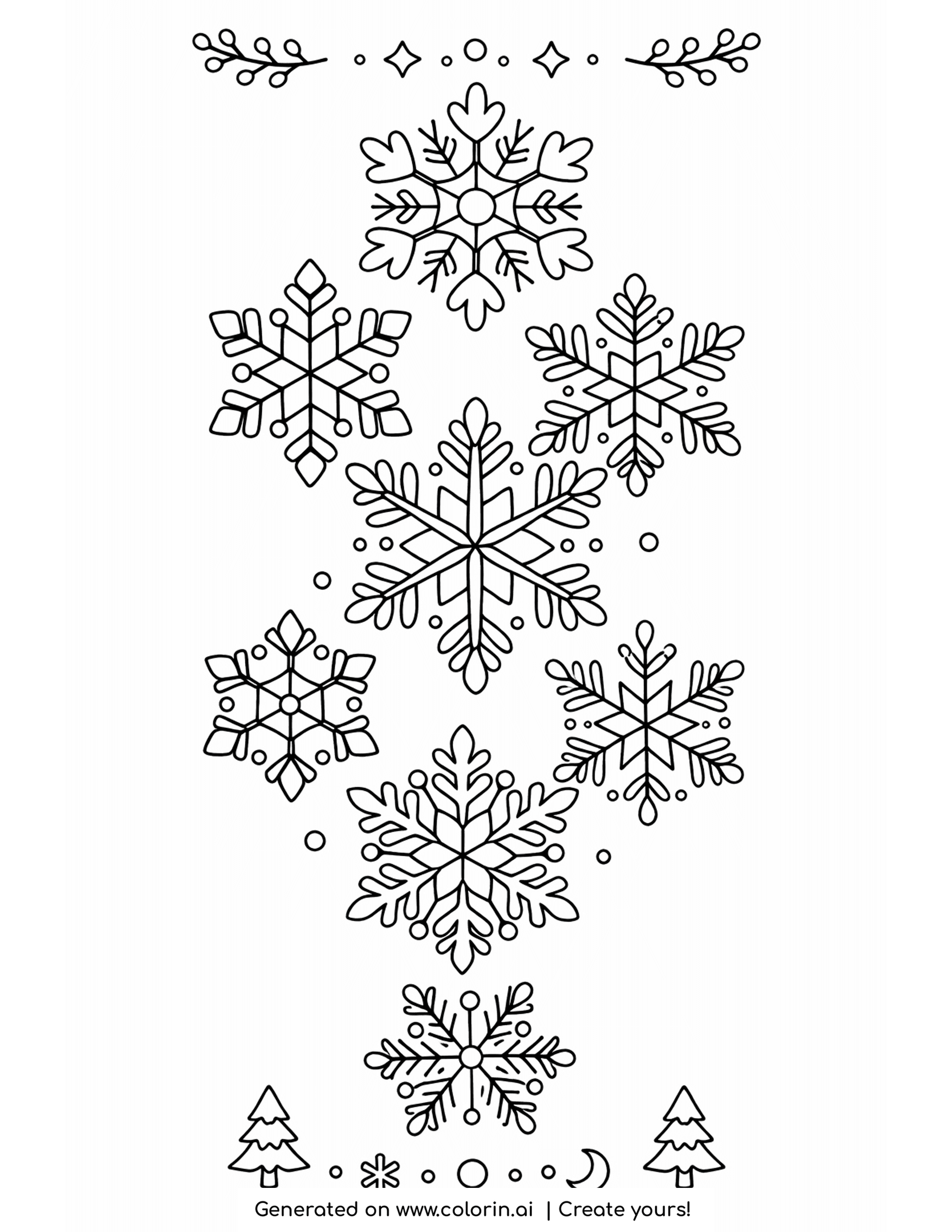 snowflake coloring pages, a decorative cluster of detailed falling snowflakes in many sizes with small pine trees below