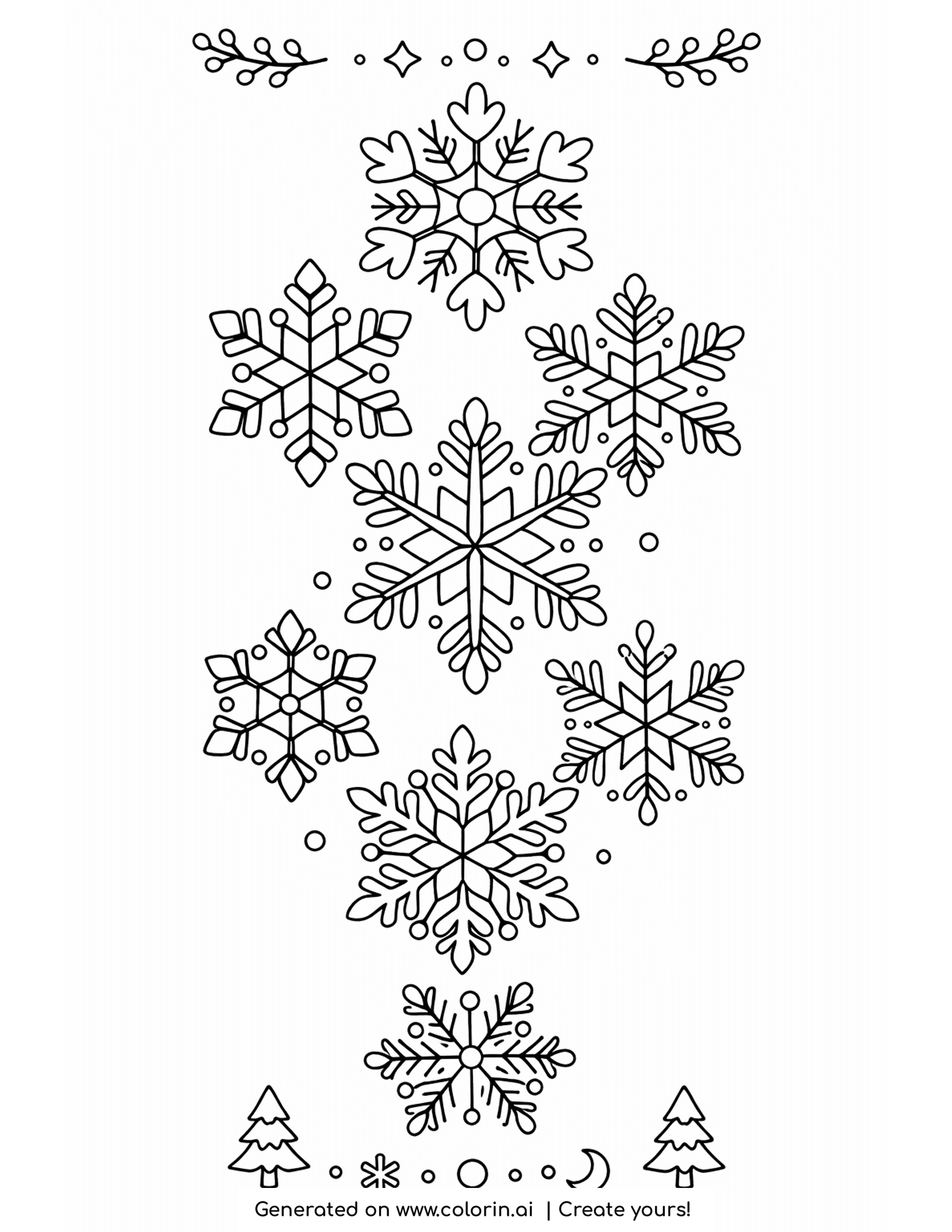 snowflake coloring pages, a decorative cluster of detailed falling snowflakes in many sizes with small pine trees below