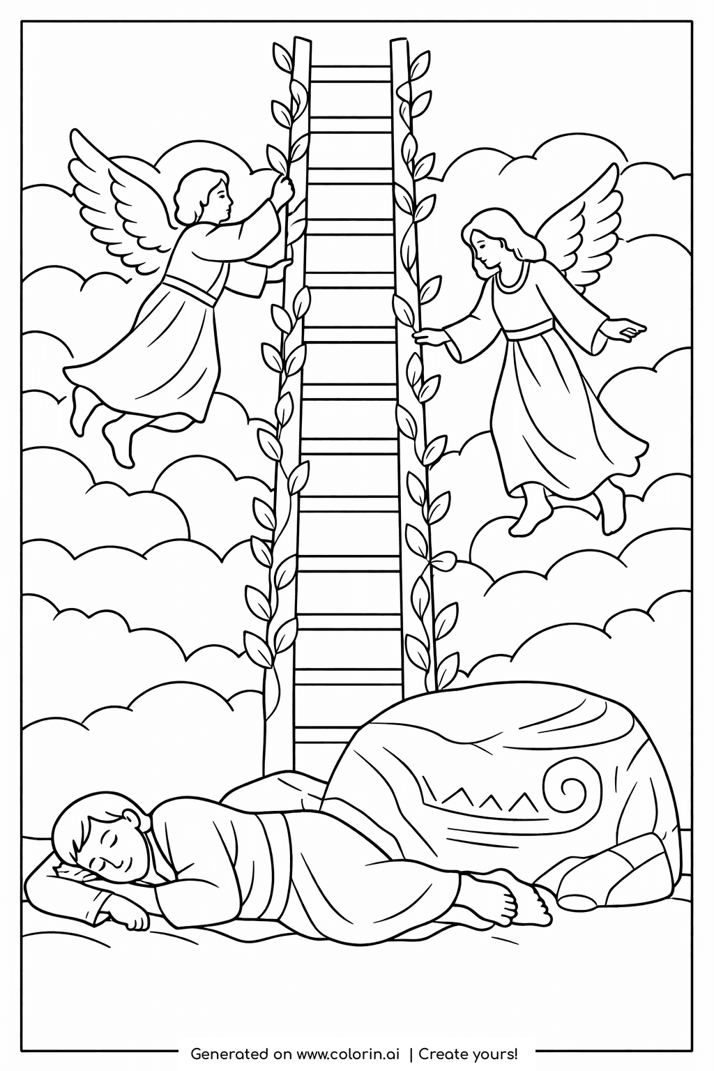 bible stories coloring pages, Jacob's ladder rising into clouds with angels and Jacob sleeping below