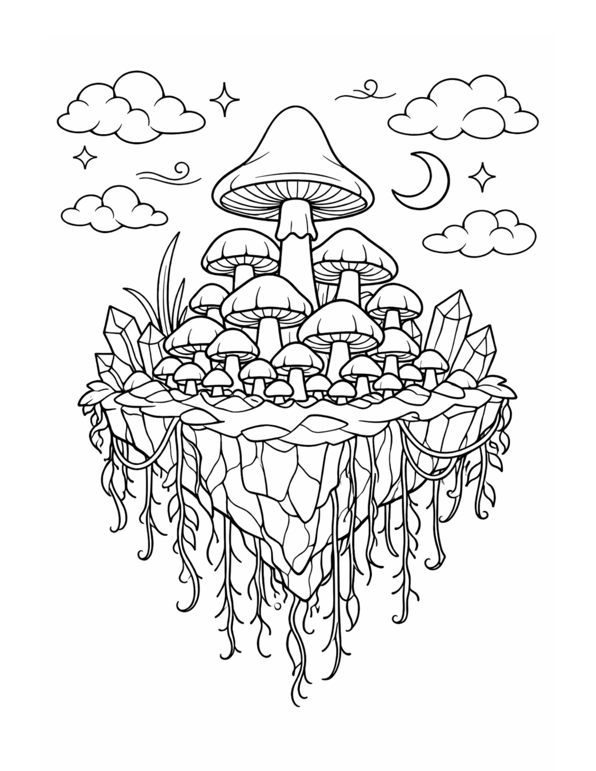 floating mushroom island under moon coloring page with many mushrooms crystals clouds and crescent moon coloring page