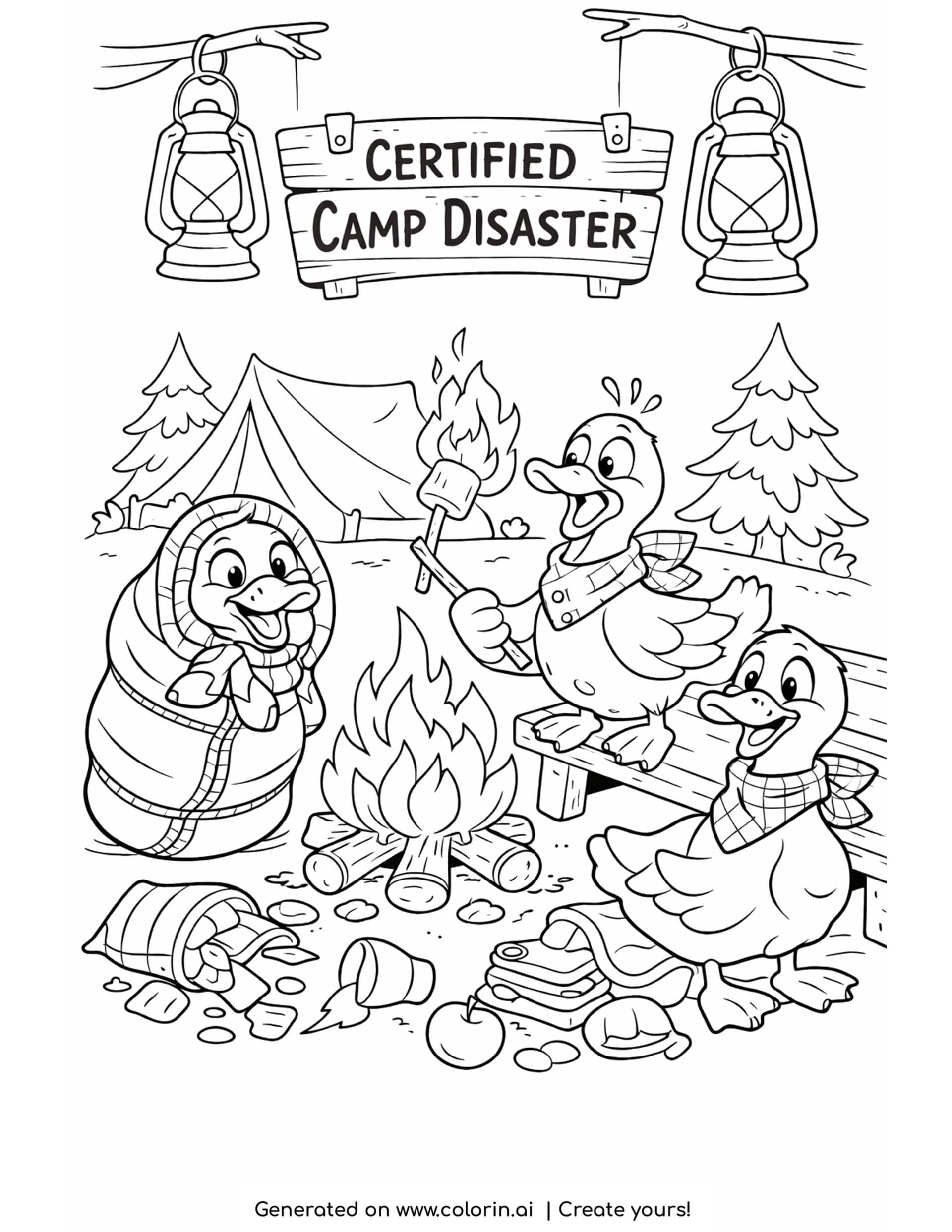 geese camping disaster coloring page with campfire and messy campsite