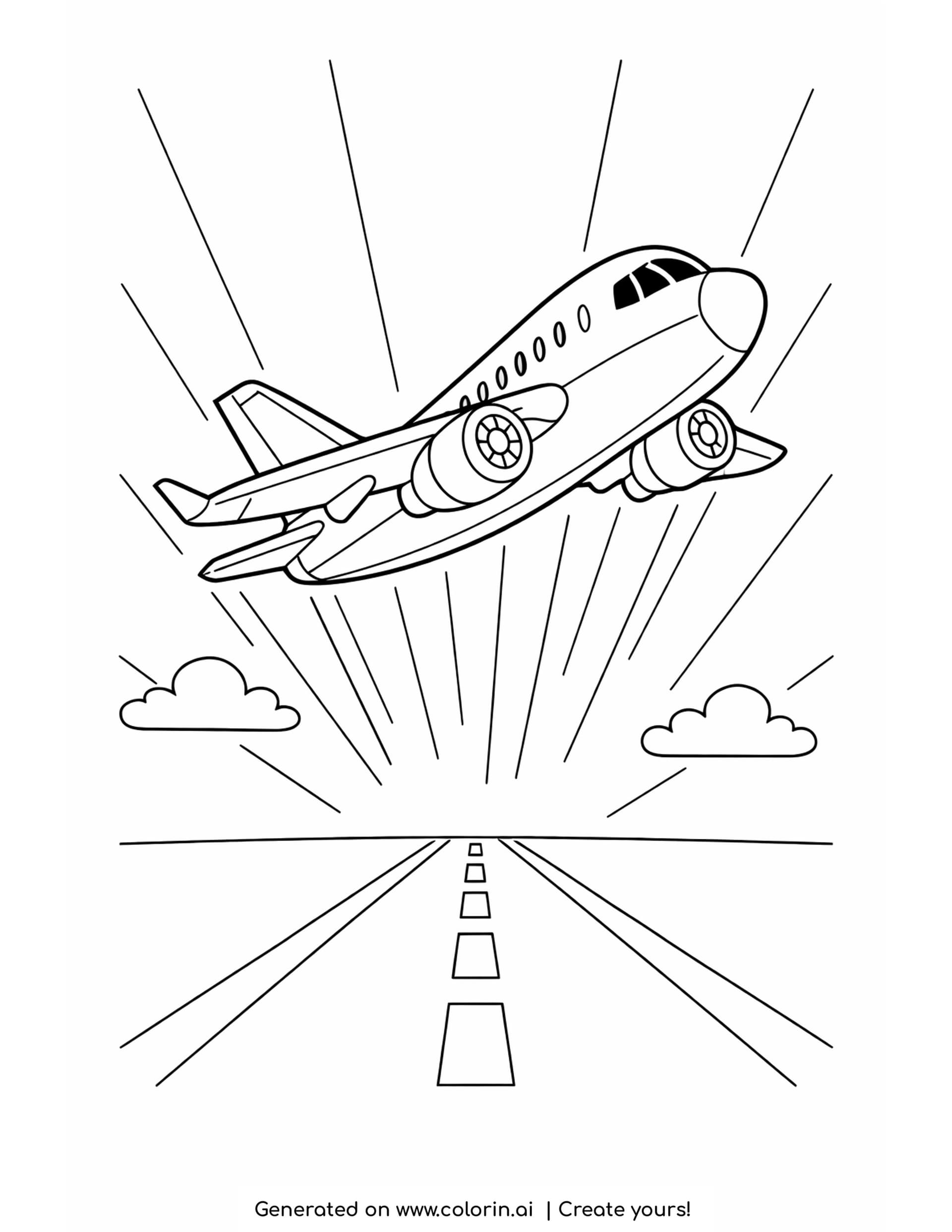 passenger airplane coloring page — airliner taking off with landing gear retracting above a runway