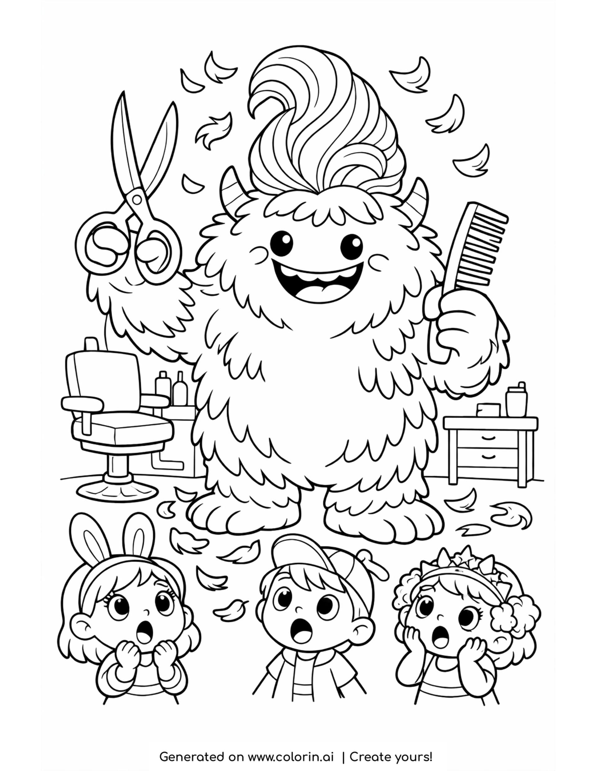 monster styling giant hair coloring page with oversized comb and salon scene