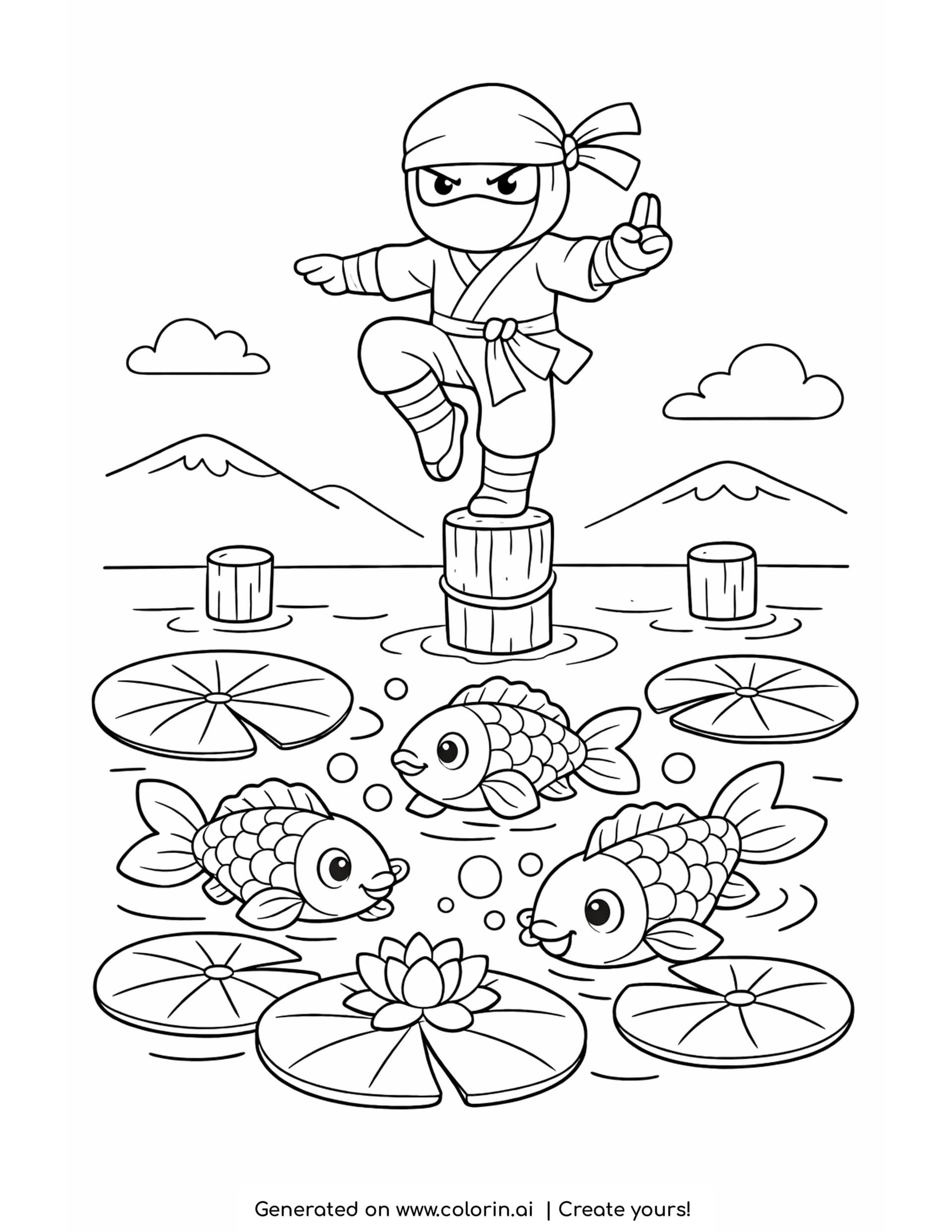 koi fish coloring pages - three scaled koi swimming among lily pads and a lotus with a ninja balancing above