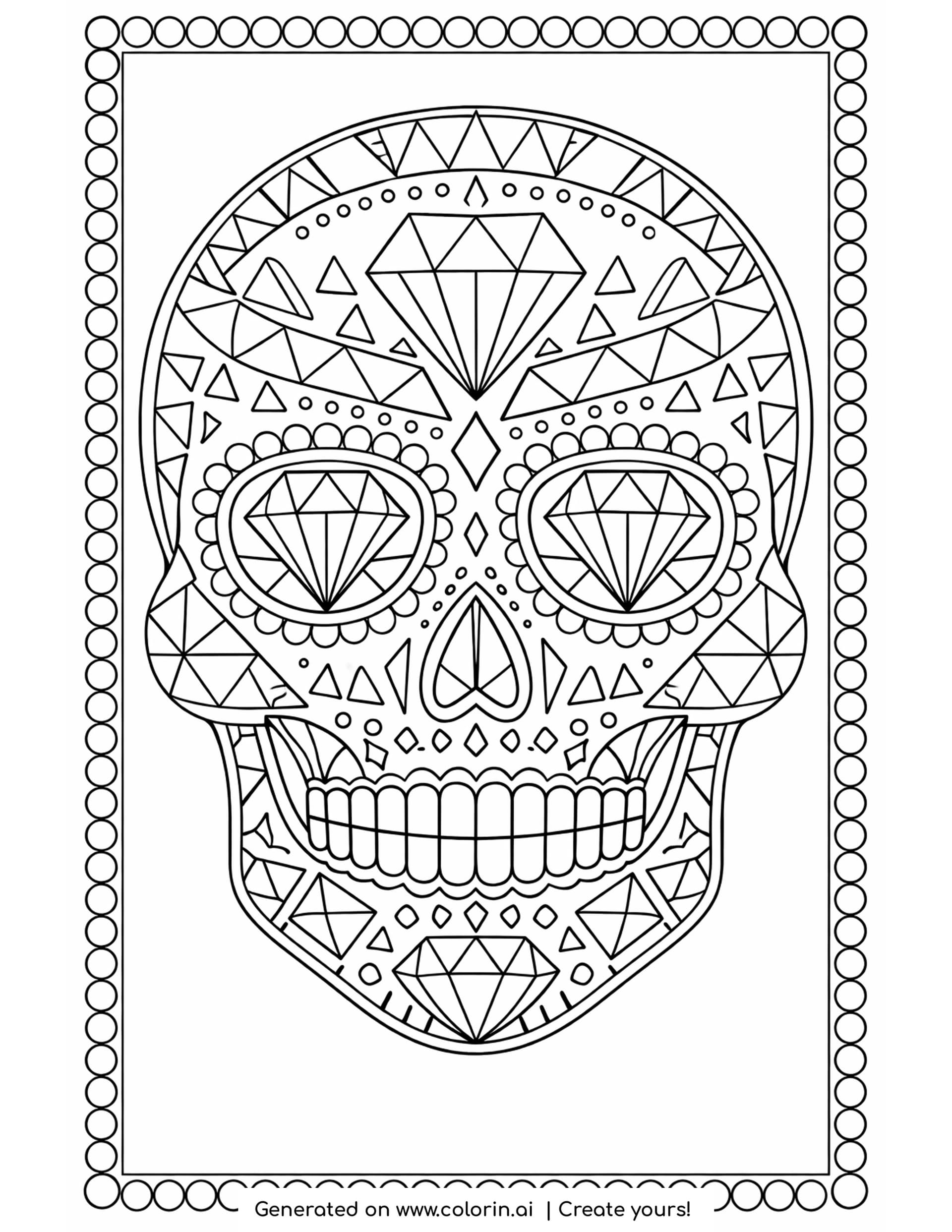 sugar skull geometric coloring pages, calavera filled with diamonds, triangles and dotted rows with faceted gem eyes