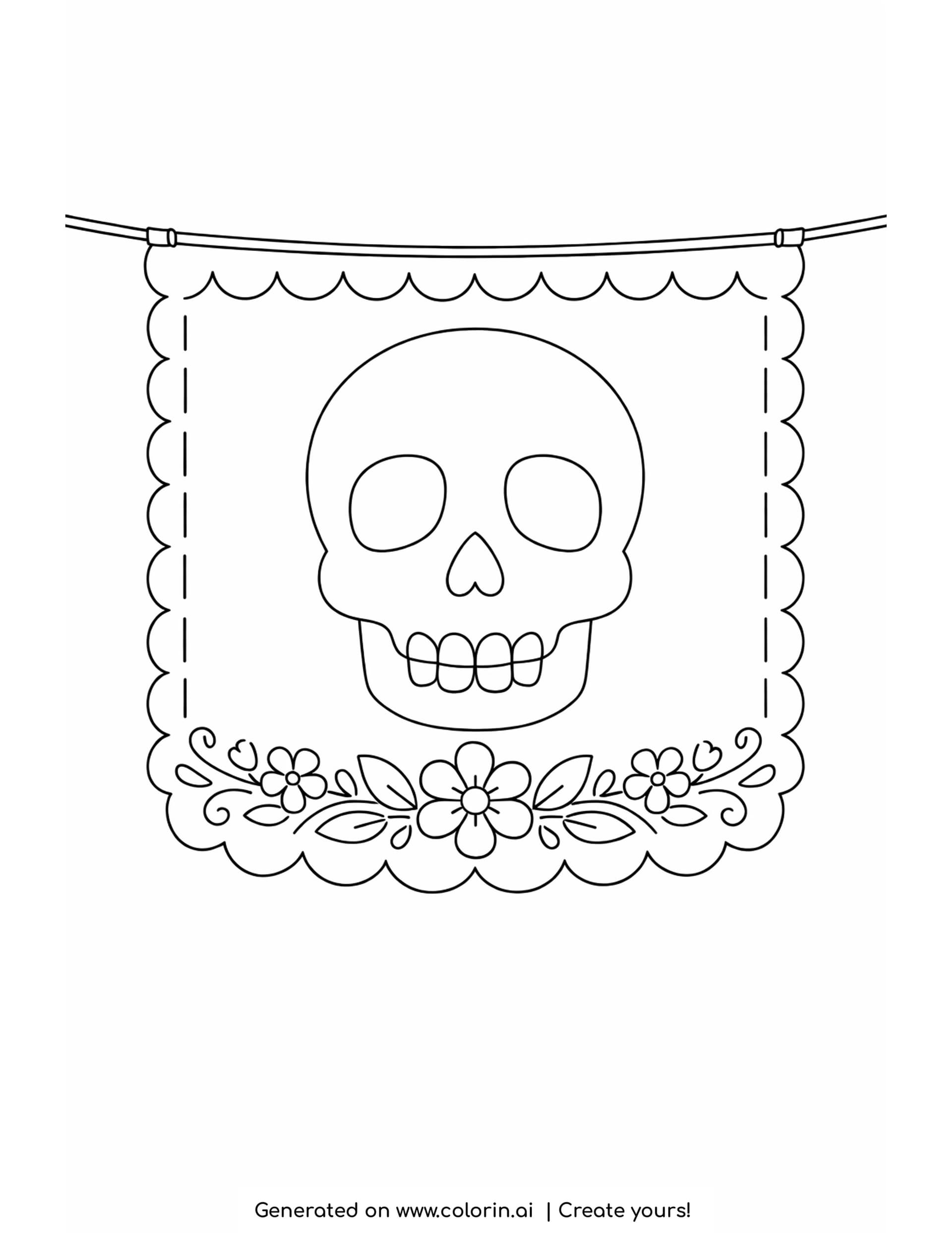 simple papel picado coloring pages, single cut paper flag hanging from a cord with a skull and flowers cut out