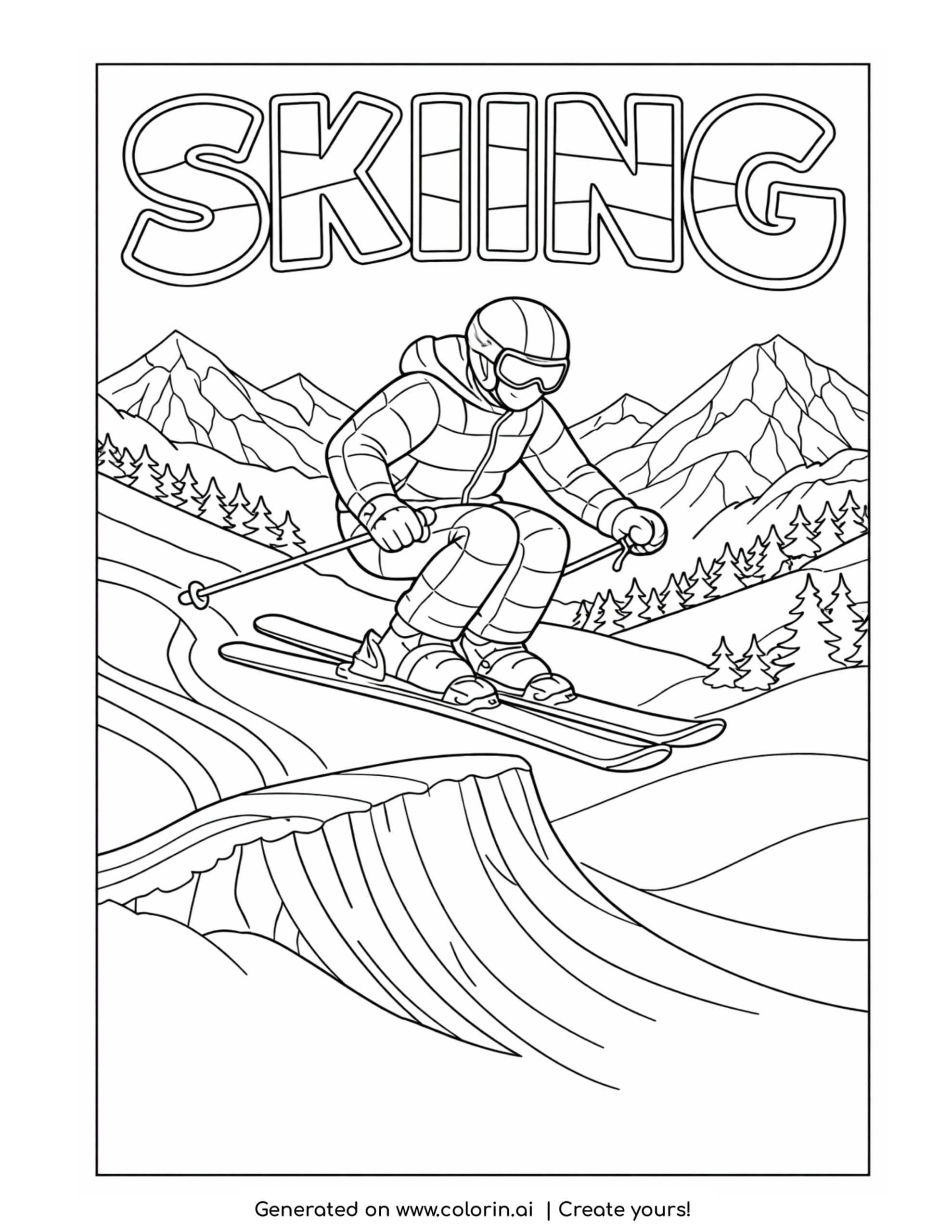 skier jumping off snowy ramp coloring page with mountains and winter landscape