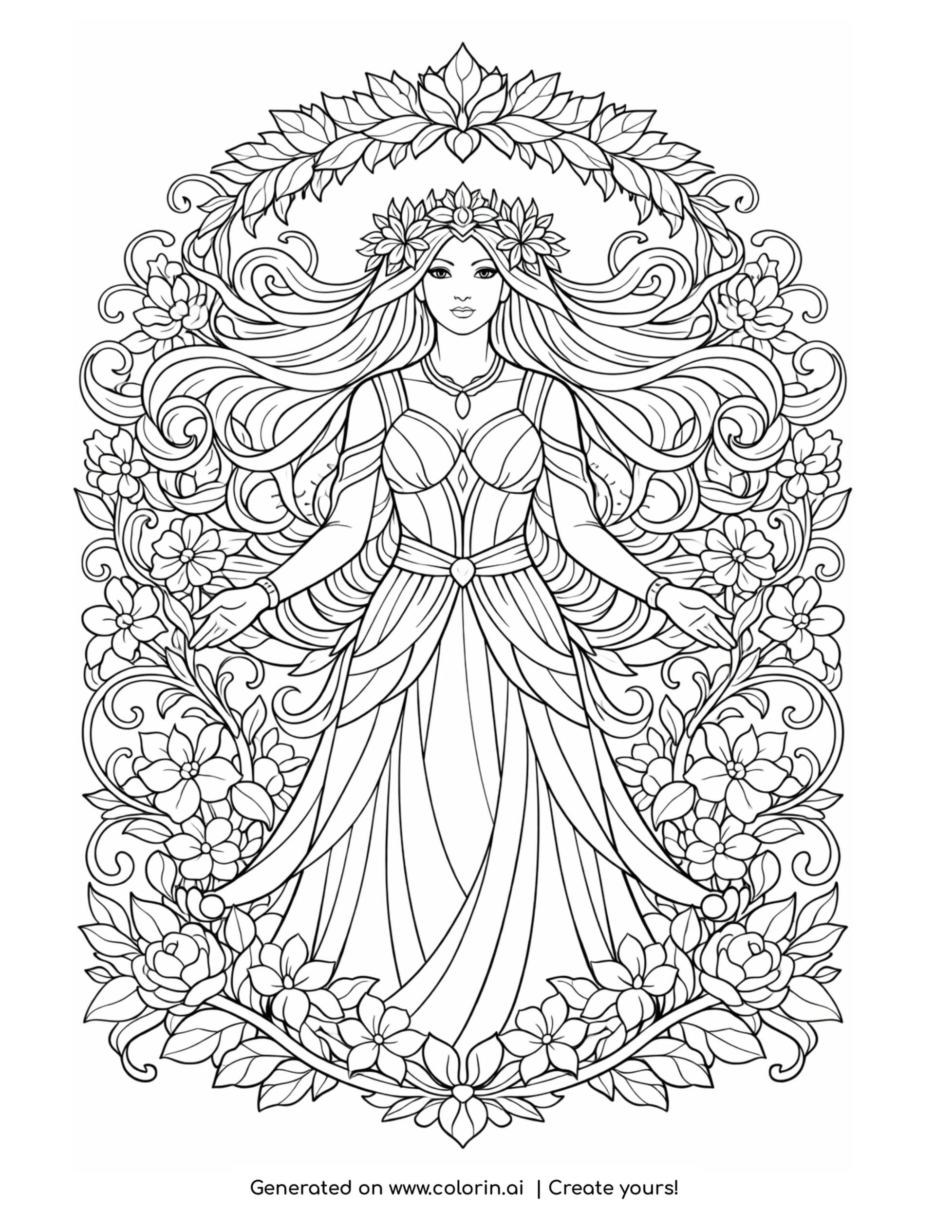 nature goddess with floral vines coloring page with flowers and flowing hair
