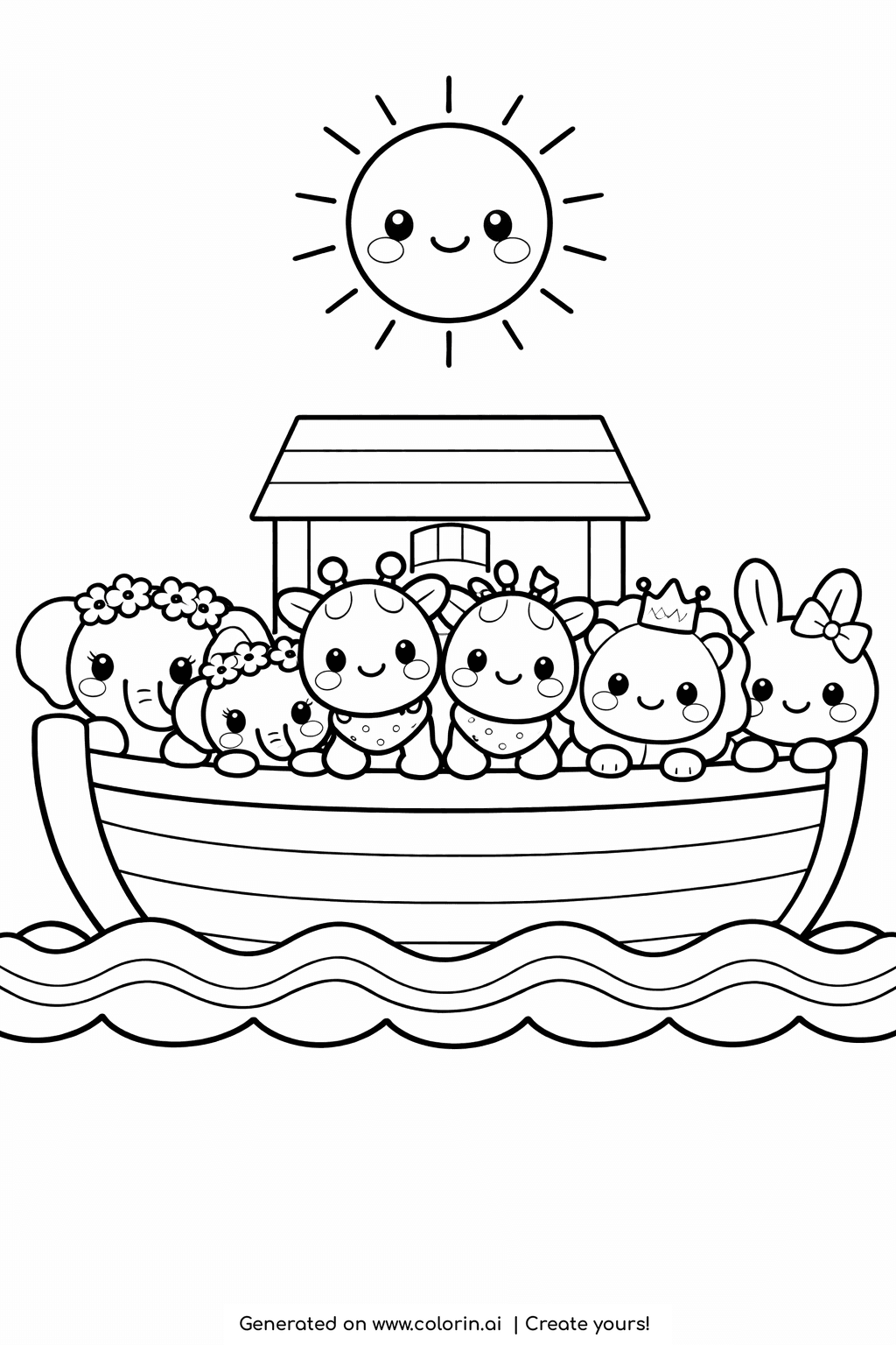 bible coloring pages for kids, cute Noah's ark boat full of smiling paired animals under a happy sun